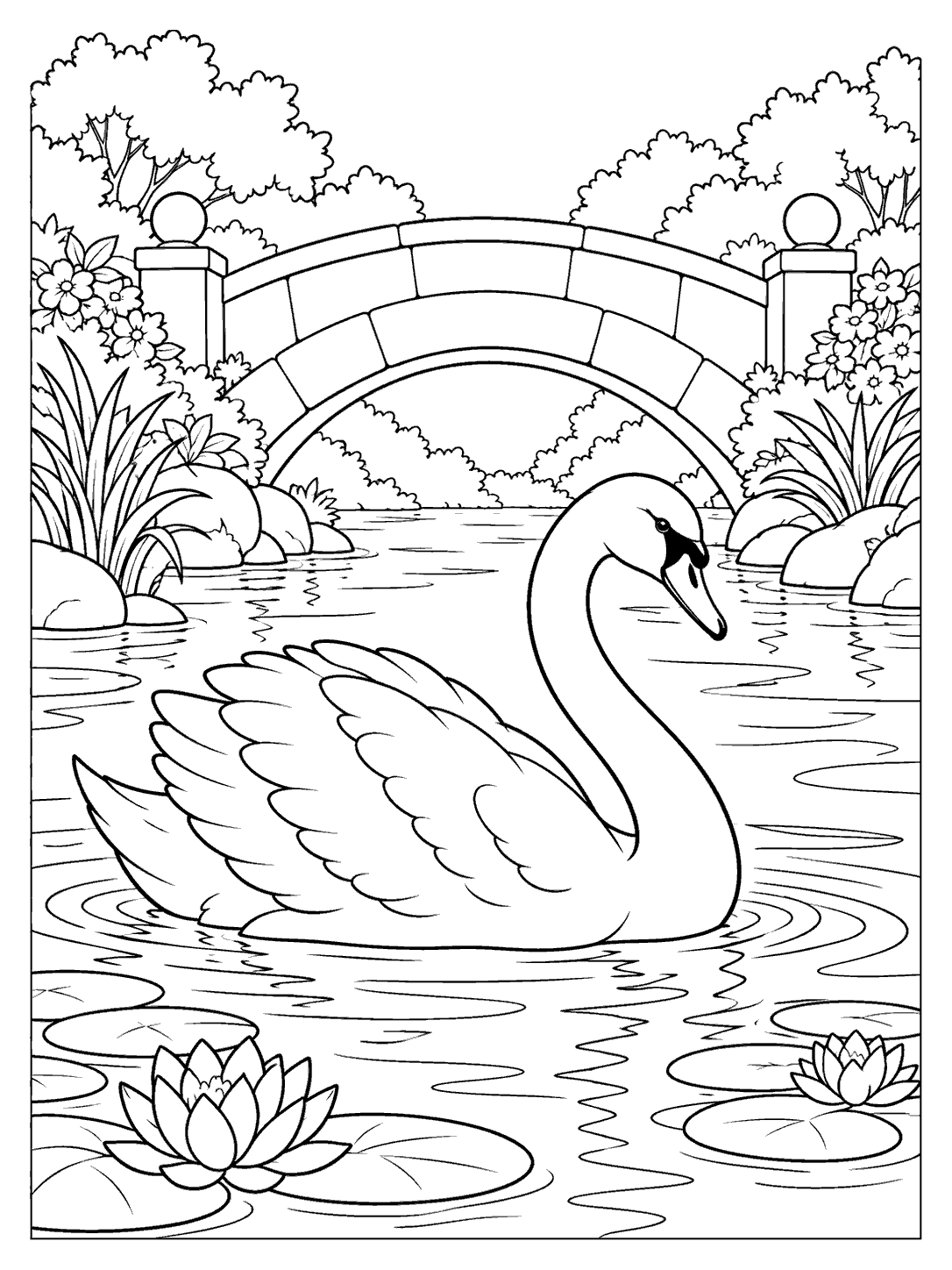 Large swan swimming on a pond beneath an arched stone bridge, surrounded by water lilies, flowers, and foliage.