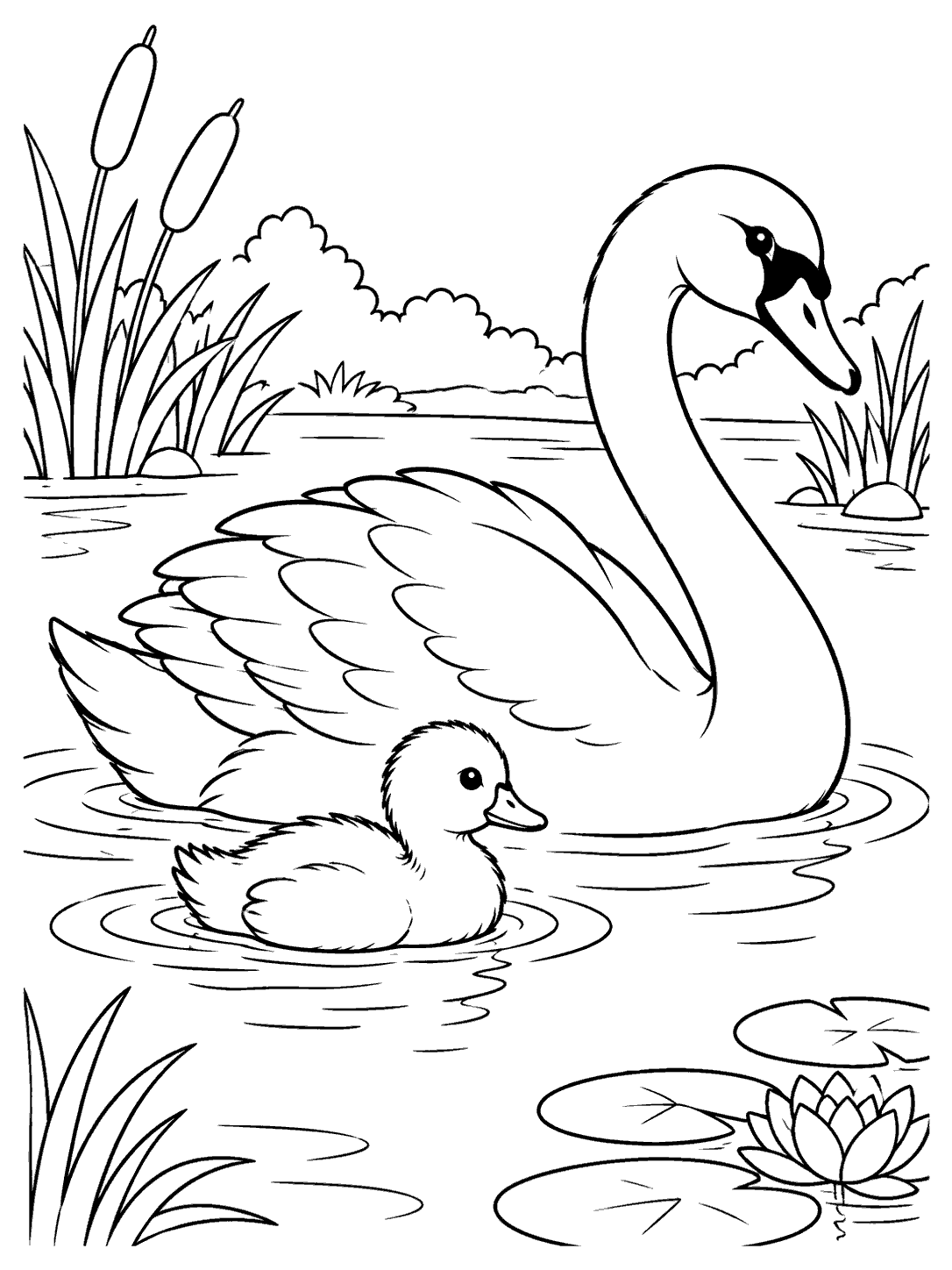 Black-and-white swan coloring page showing an adult swan and one duckling swimming among pond ripples, reeds, and lily pads.