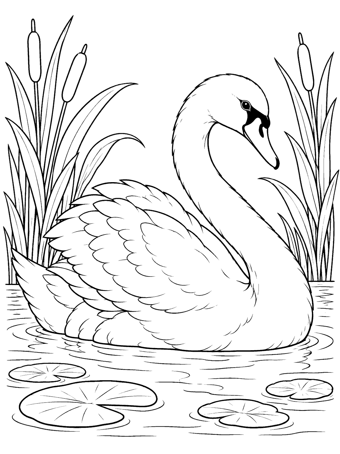 Portrait black-and-white swan coloring page showing a resting swan in shallow water, framed by reeds with lily pads nearby.
