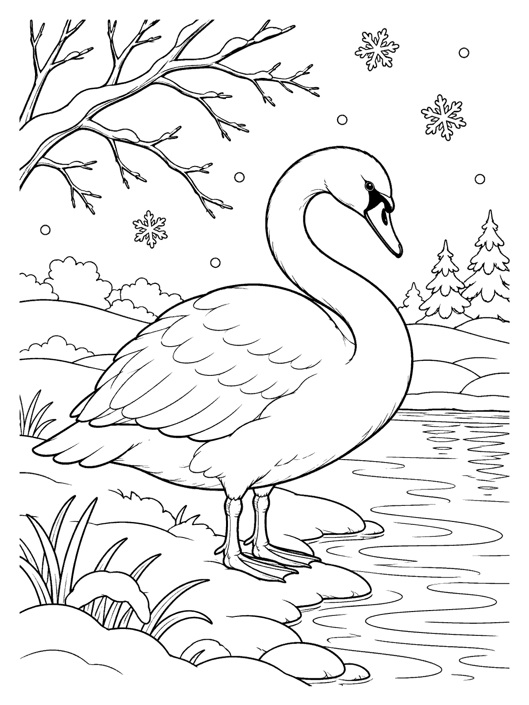 Swan coloring page showing a swan at a winter pond with snow mounds, a bare branch, and falling snowflakes.