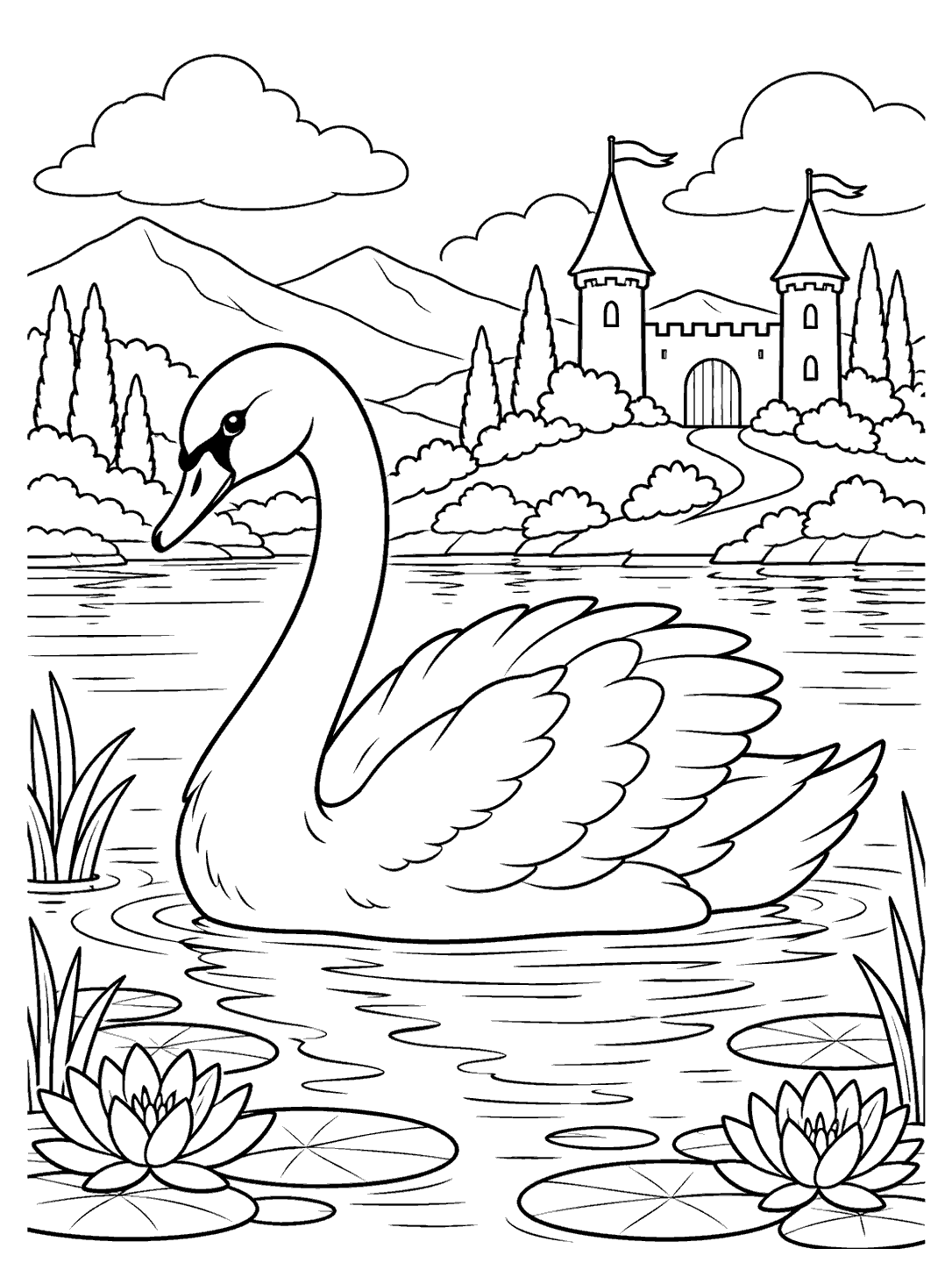 Black-and-white swan coloring page with a large swan gliding past a two-tower castle, reeds, and water lilies.