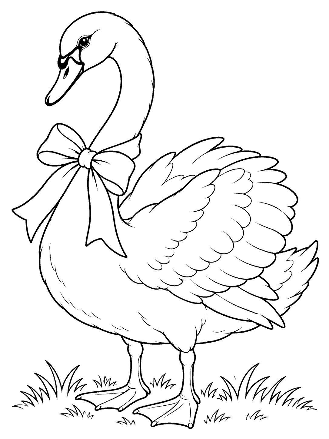 Portrait coloring page of a standing swan with detailed feathers, a loose ribbon bow at its neck, and small patches of grass.