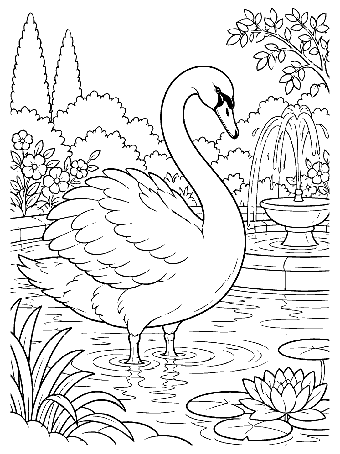 Swan coloring page in a garden pool beside a fountain, with flowers and lily pads