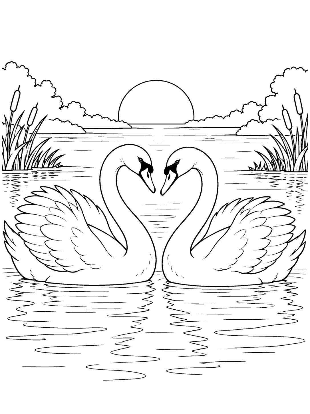 Swan coloring page with two swans facing each other, their necks forming a heart shape, surrounded by pond reeds and a low sun.