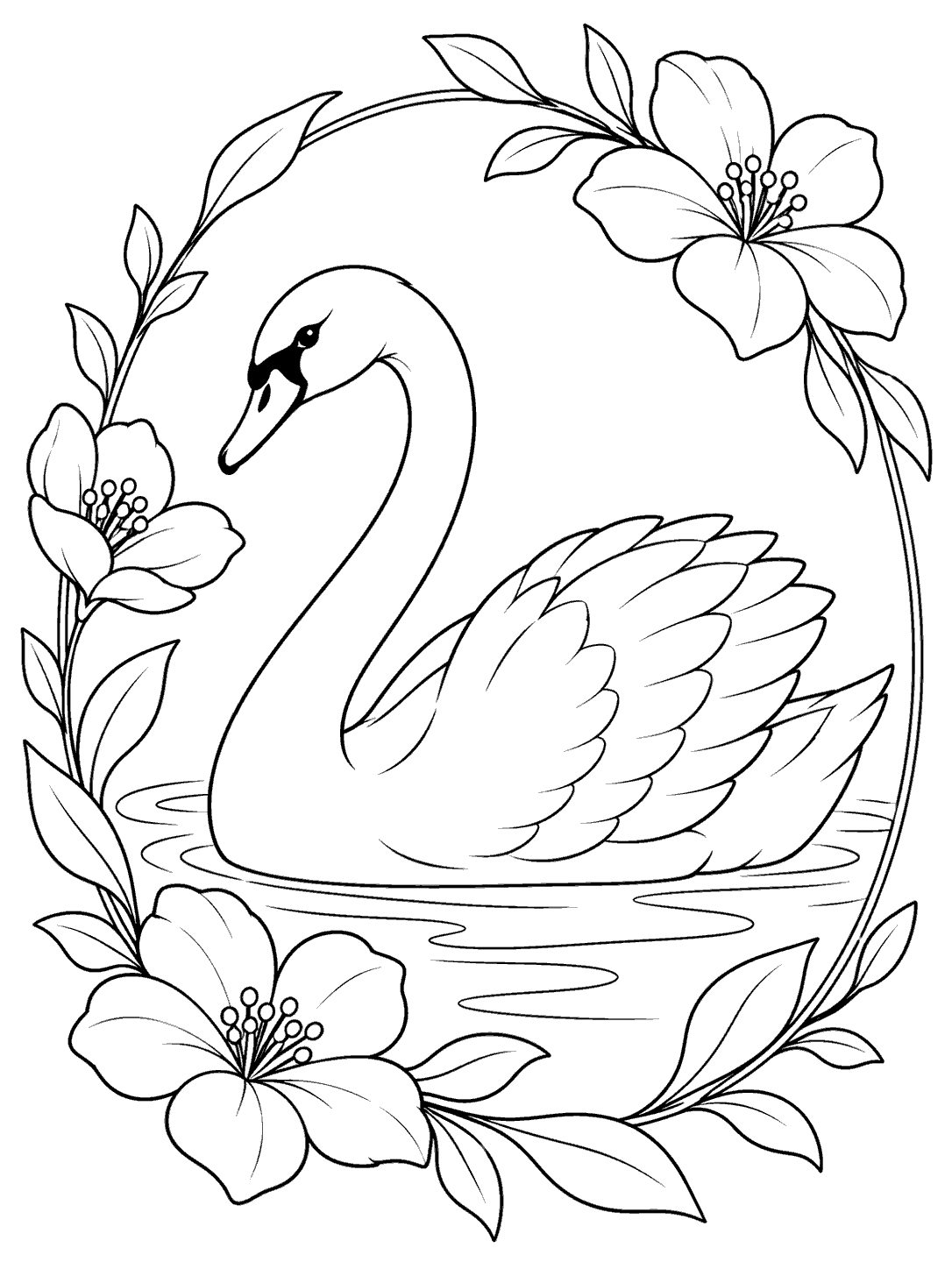 Black outline coloring page of a swan in profile, surrounded by flowers, leaves, and water ripples in an oval frame.