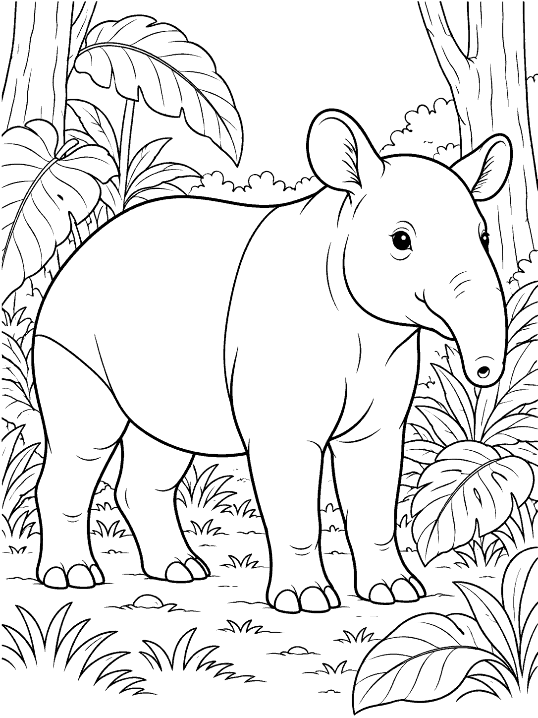 Black-outline Malayan tapir with a pale saddle standing among broad tropical leaves and tree trunks