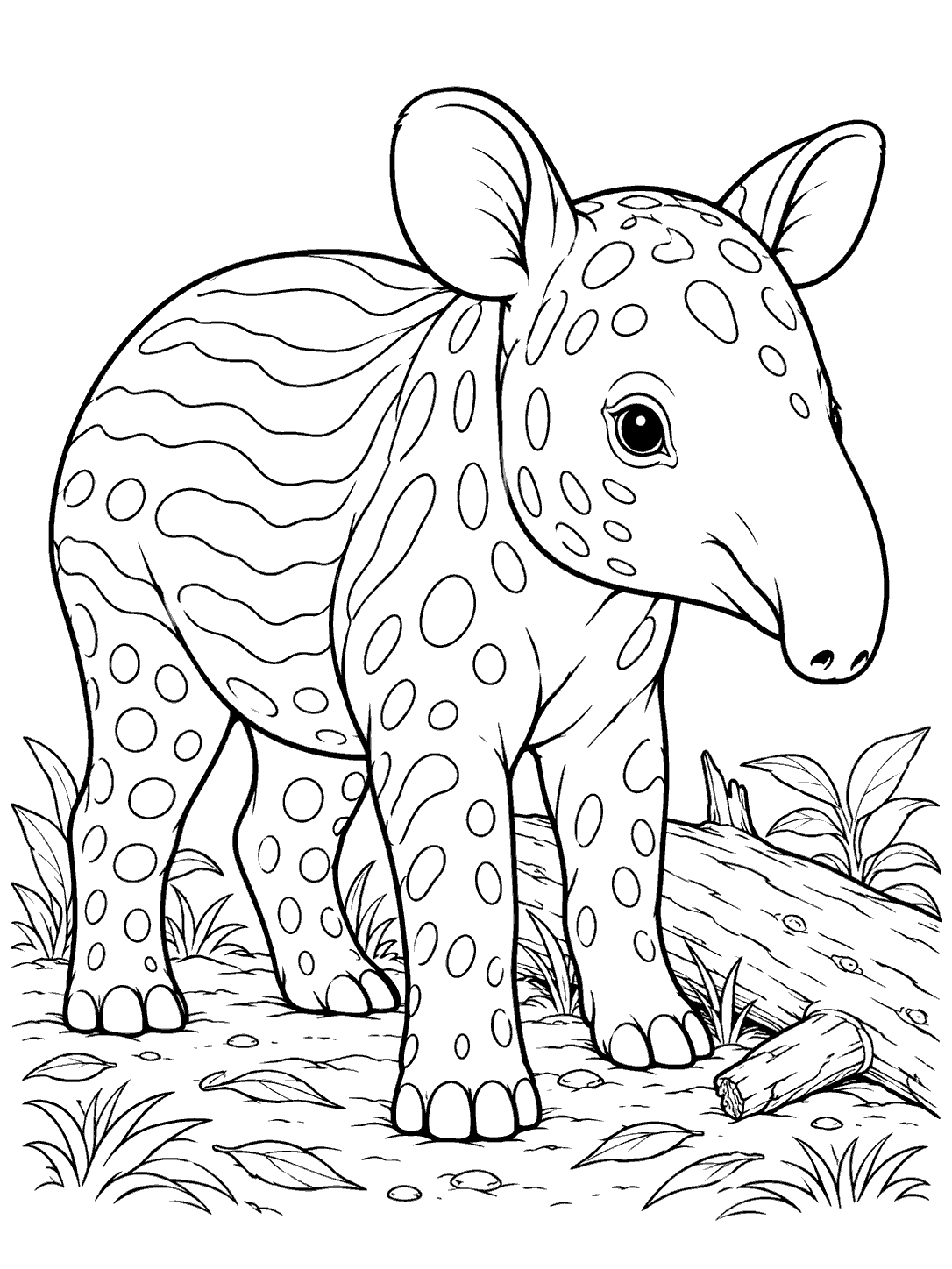 A young Malayan tapir calf with open stripes and spots standing beside a fallen branch, with a few plants and leaves around it.