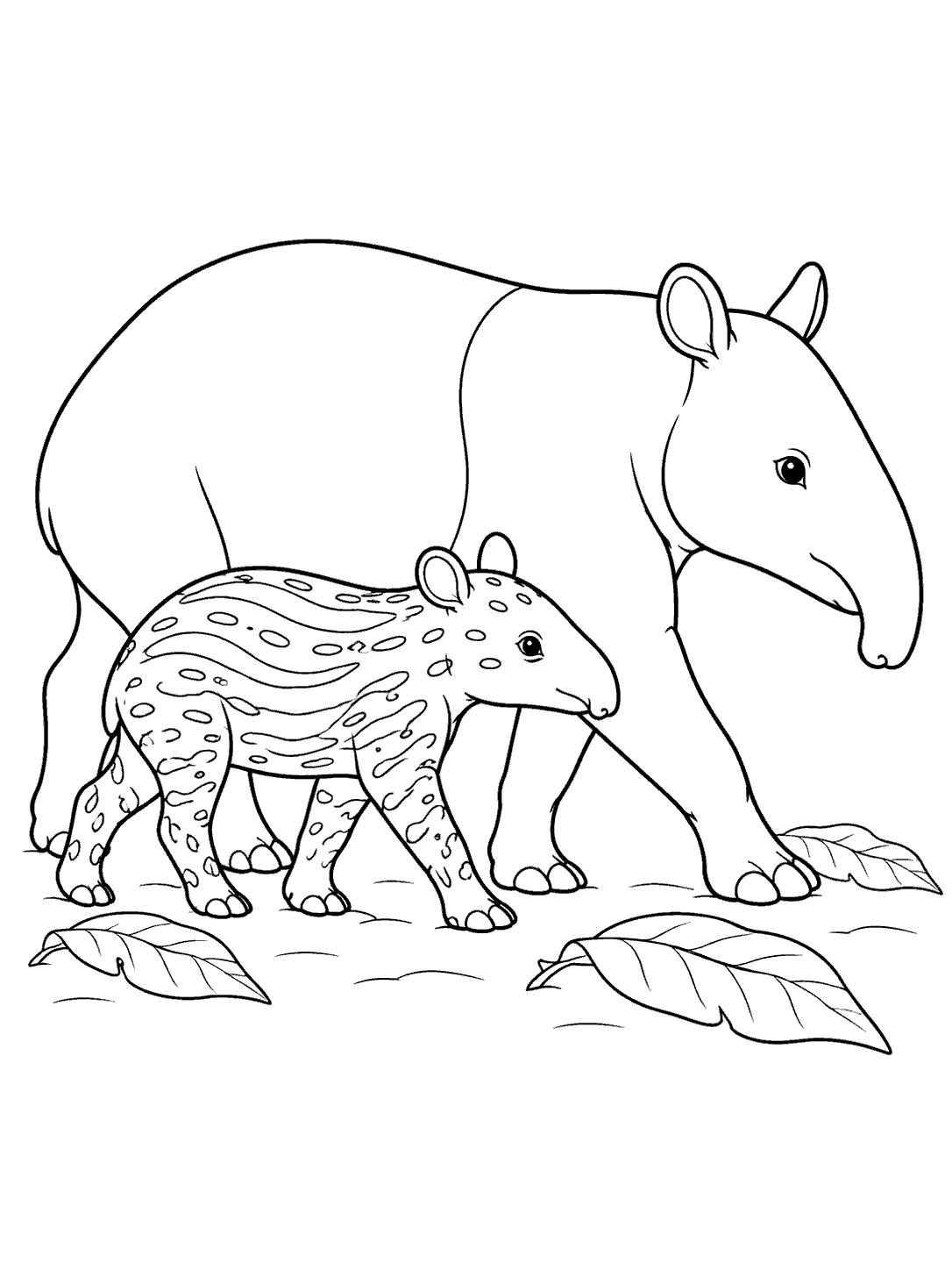 Black-and-white coloring page showing an adult Malayan tapir walking beside a smaller calf with juvenile spots and stripes.