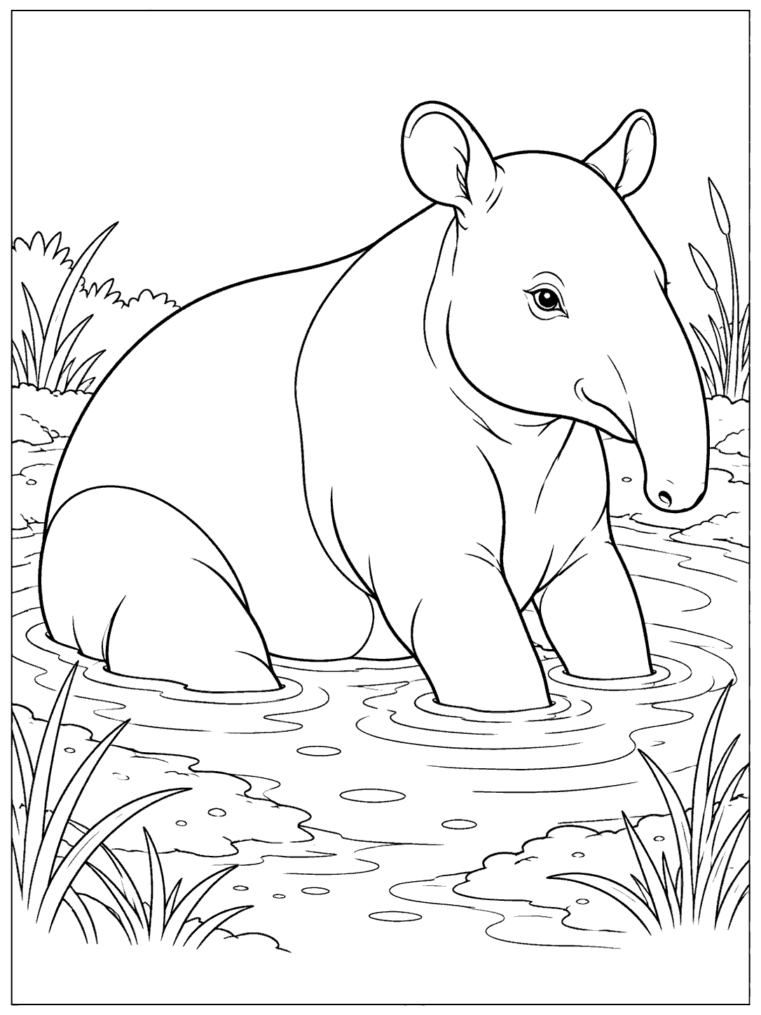 A seated Malayan tapir with a pale saddle in a shallow pool, surrounded by reeds and water ripples.