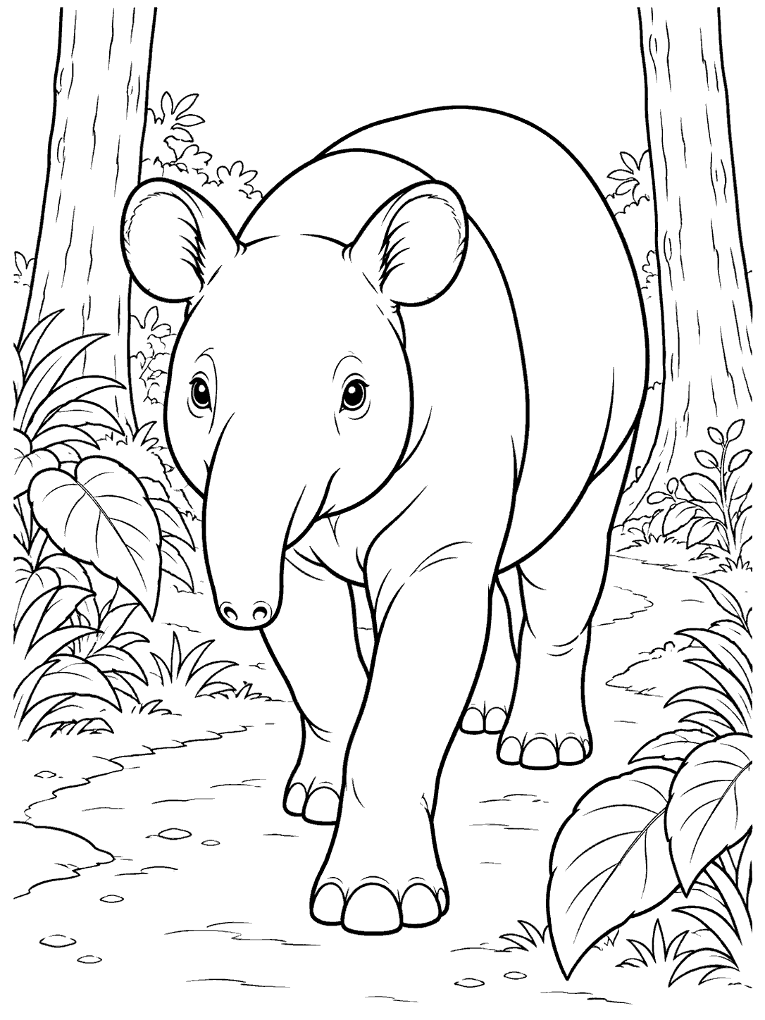 Tapir walking toward the viewer along a winding forest path, framed by tree trunks and large leaves.