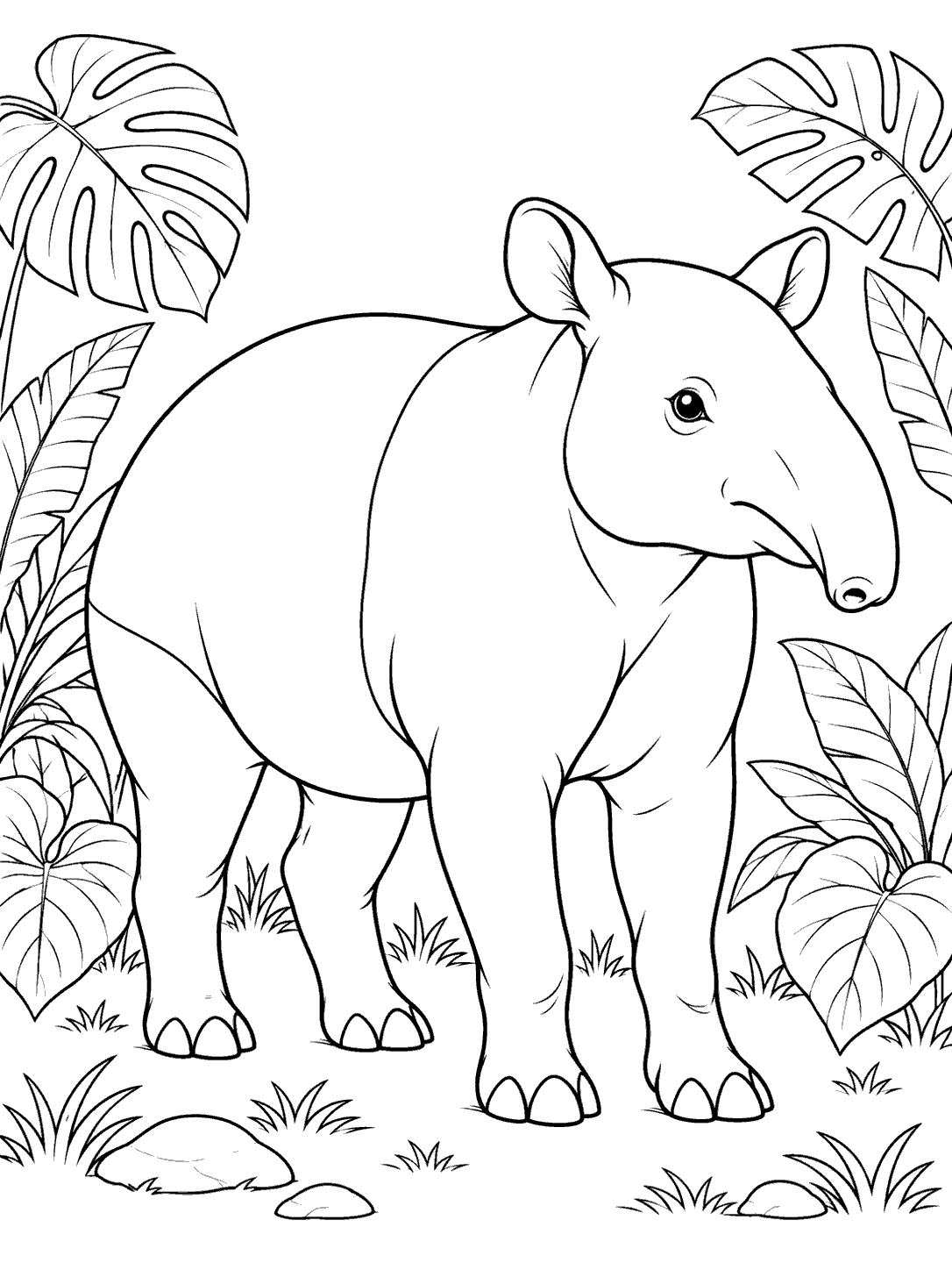 A three-quarter view of a Malayan tapir standing in a leafy clearing, drawn in clean black outlines.