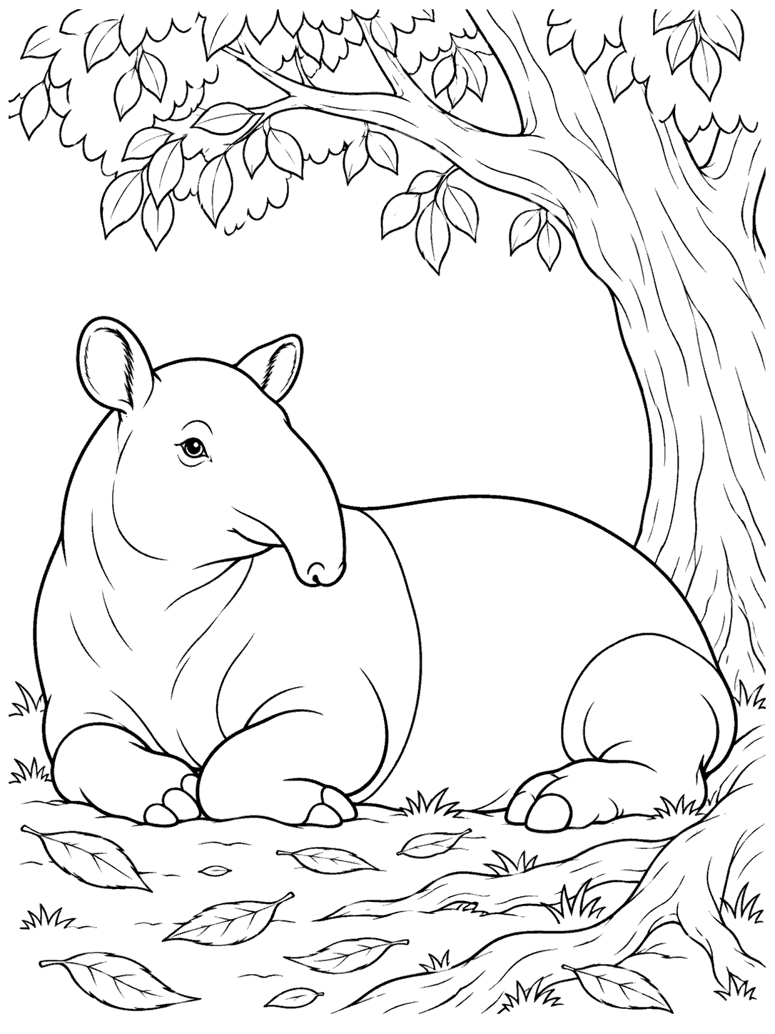 A Malayan tapir lies with its legs tucked and head raised beneath a broad tree, with leaves and roots around it.