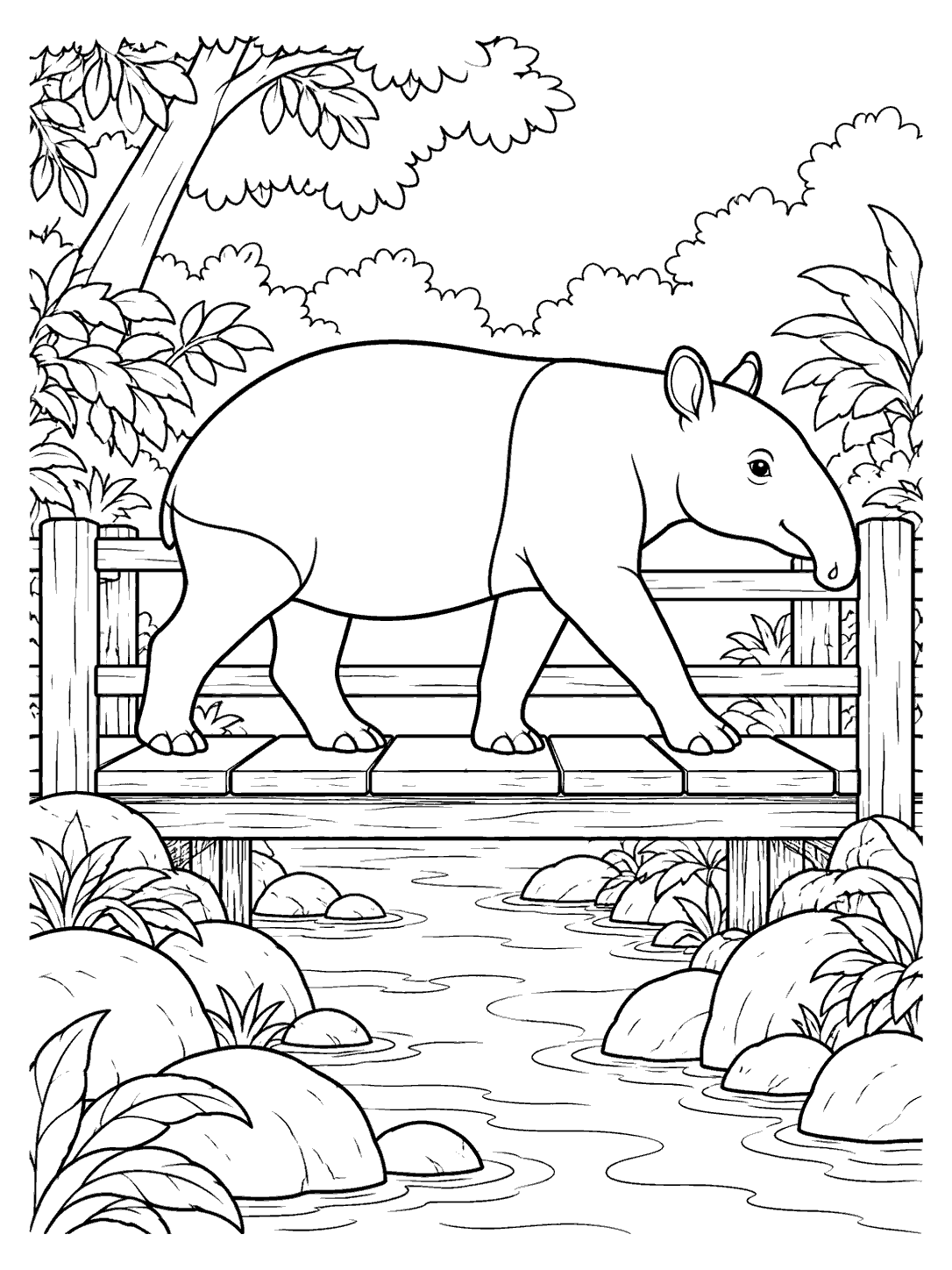 A side-view tapir with a clearly defined pale saddle walking across a wooden bridge over a stream, surrounded by forest plants.