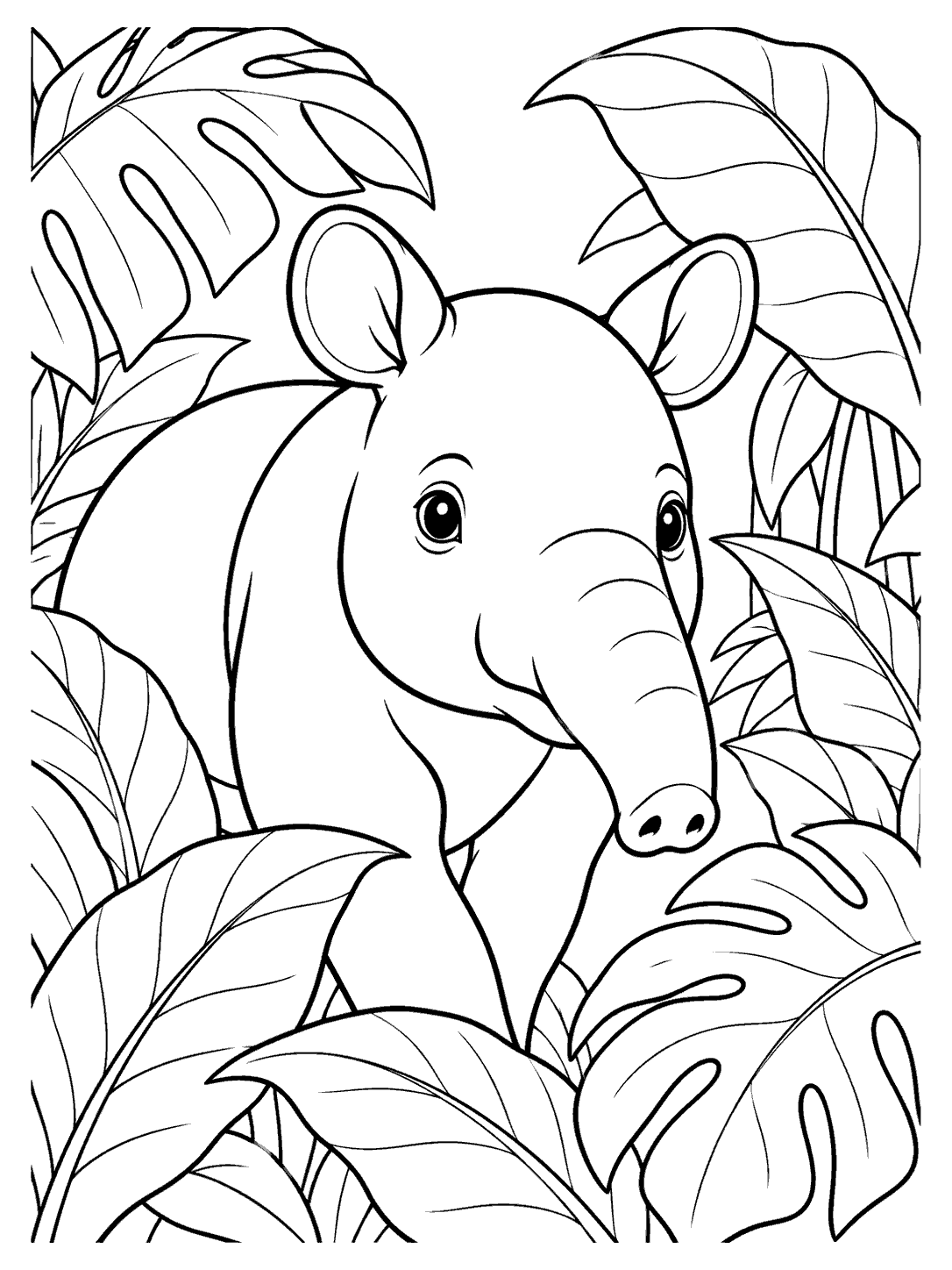 A tapir with a short trunk peeking between large tropical leaves.