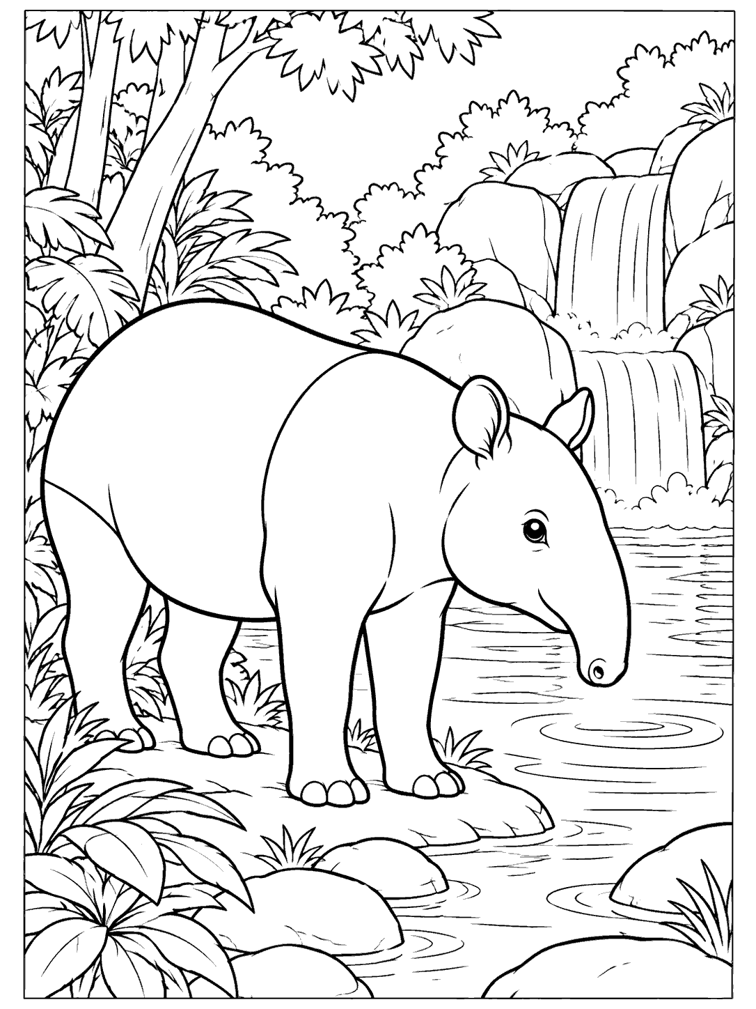 A Malayan tapir beside a waterfall pool, surrounded by rocks and forest plants.