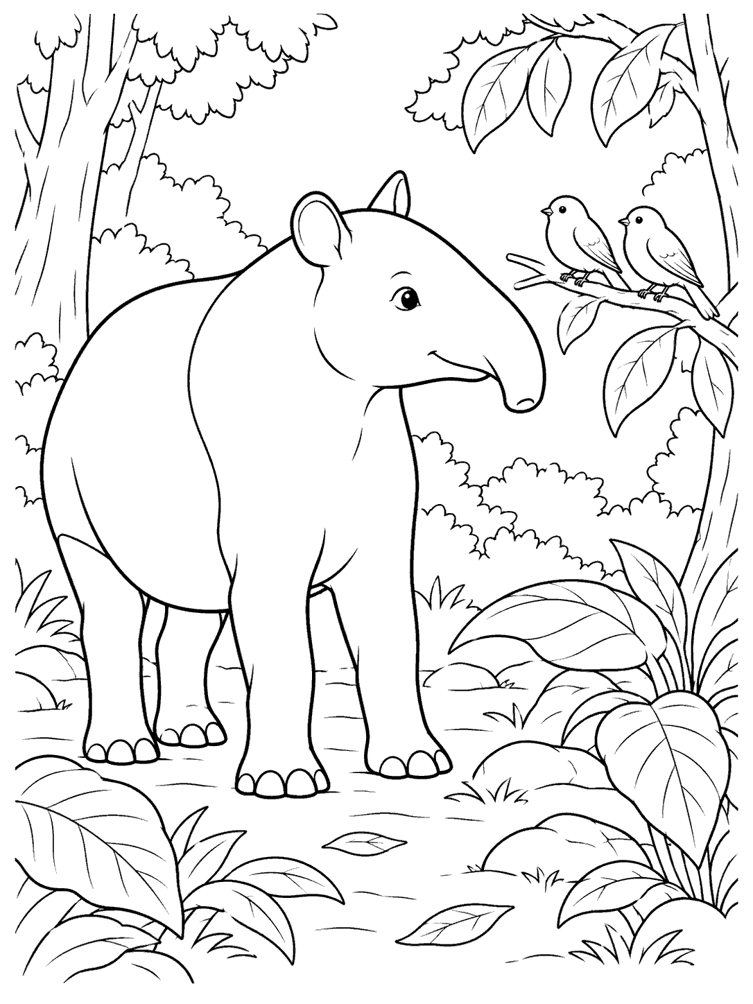 A large tapir looks toward two small birds perched on a low branch in a leafy forest.