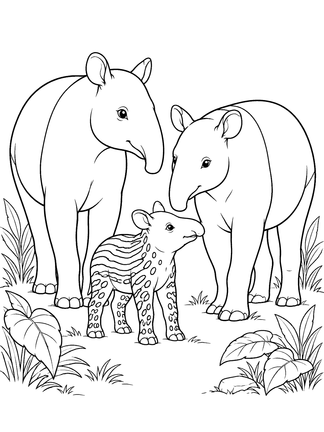 Two adult Malayan tapirs standing around a smaller striped-and-spotted calf, with simple plants at the page edges.