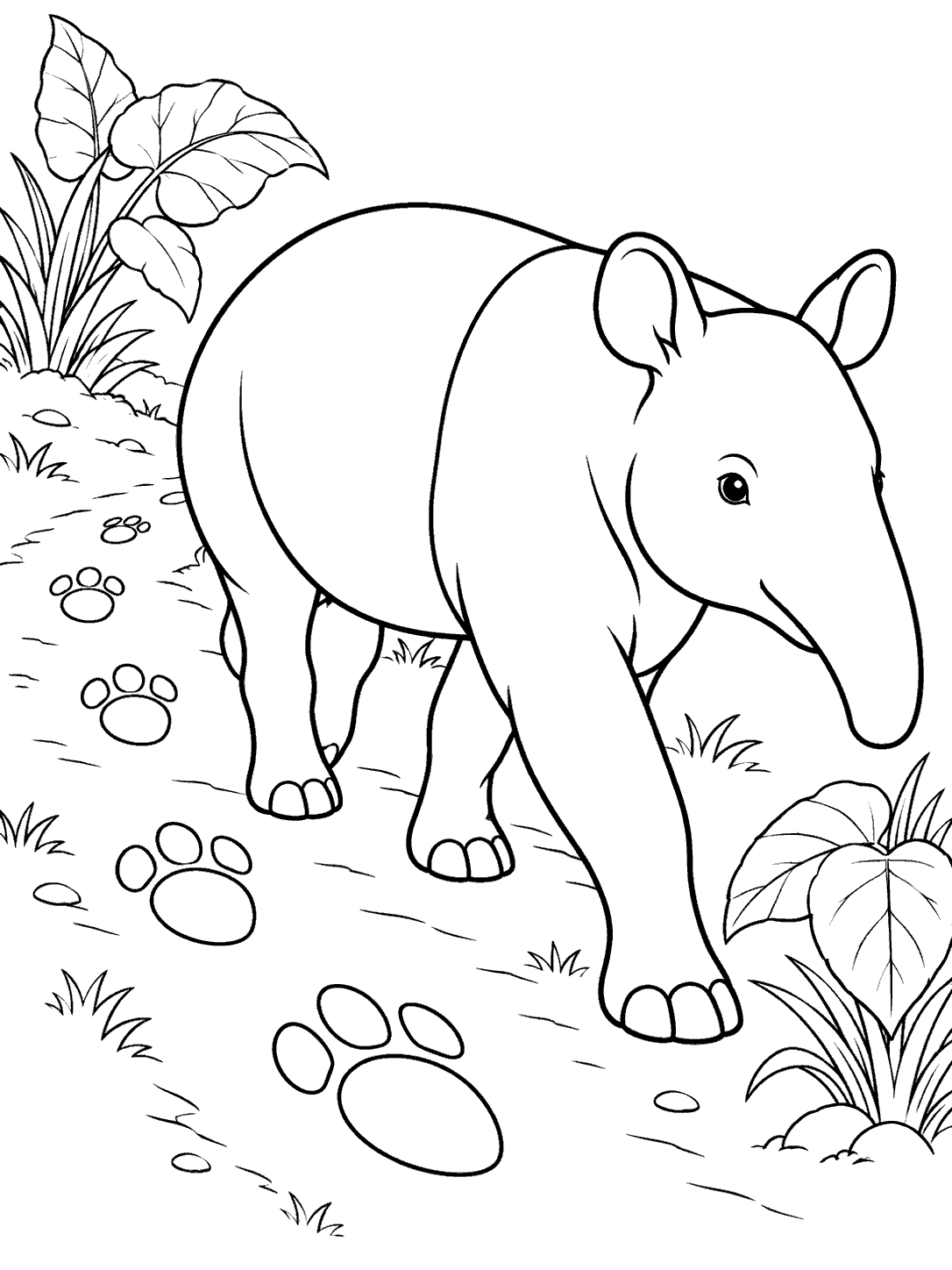 A Malayan tapir walking along a forest path marked by large footprints, with broad leaves nearby.