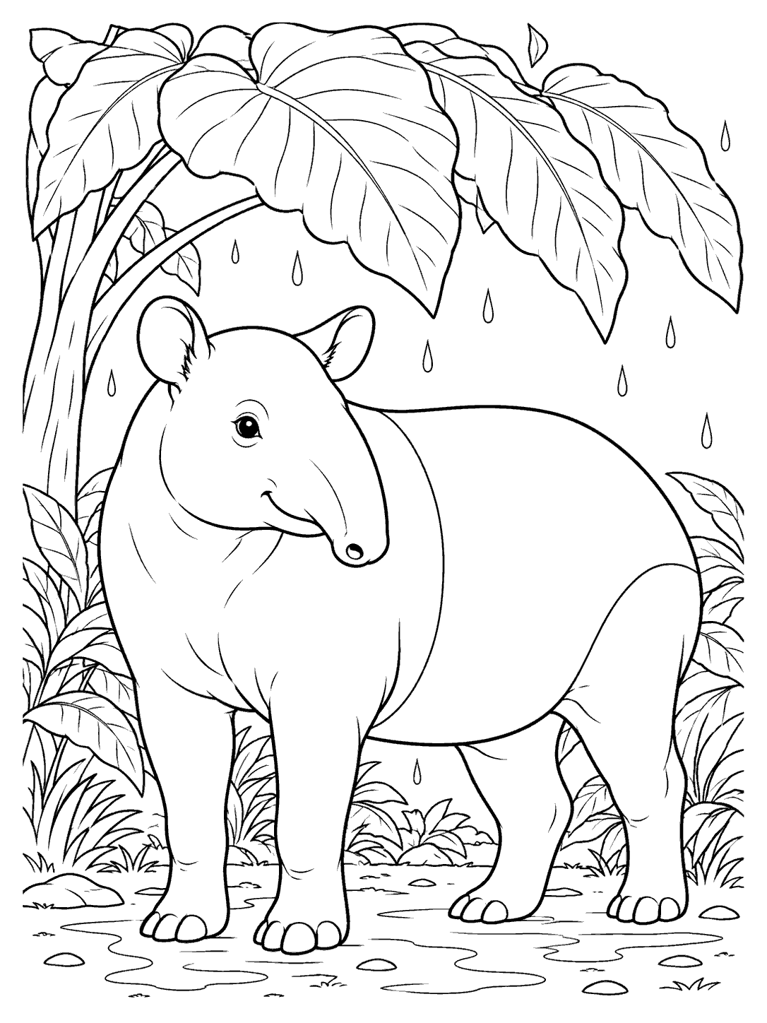A Malayan tapir with a pale saddle beneath broad leaves as raindrops fall
