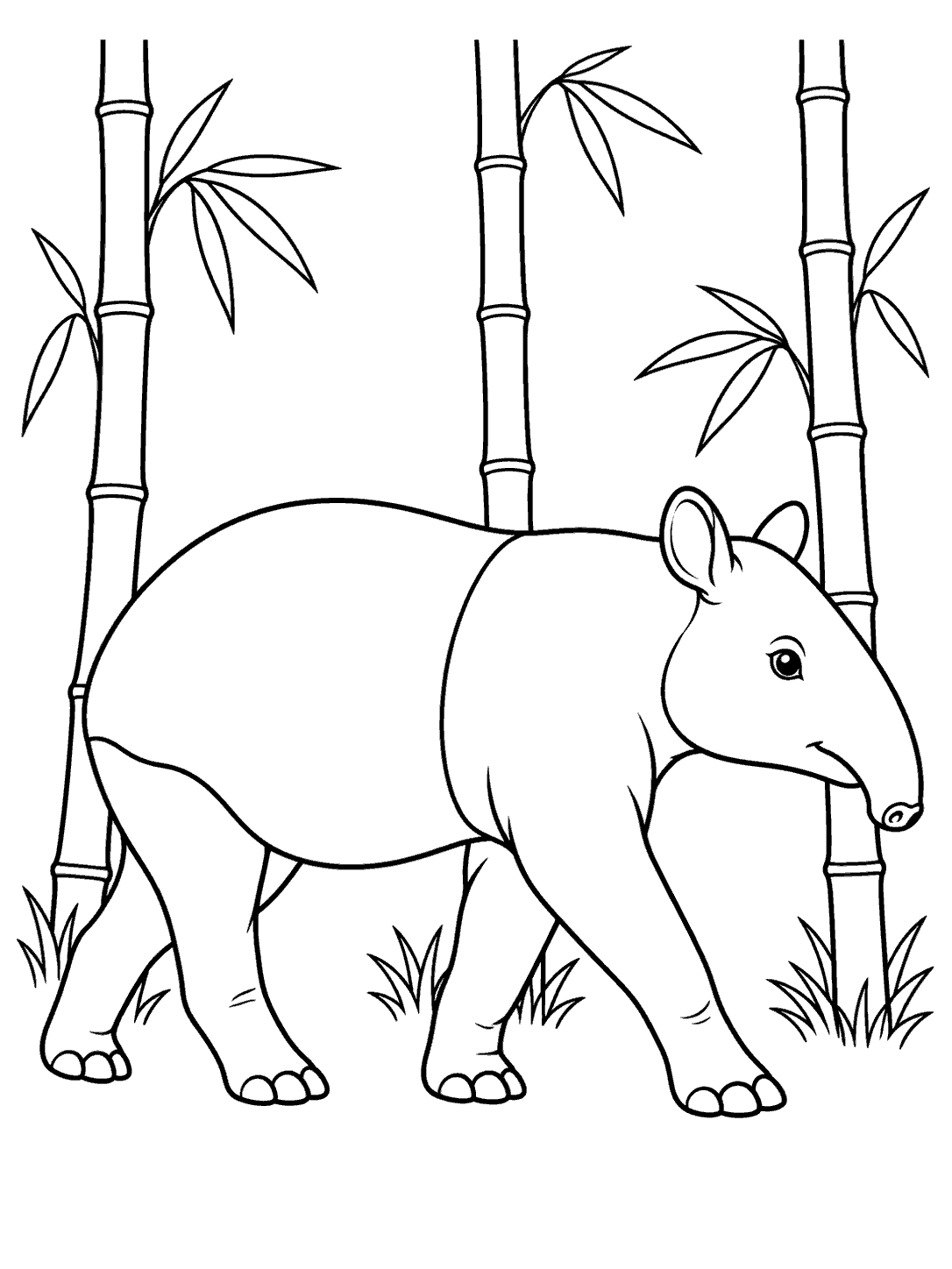Side-view tapir walking among three tall bamboo stalks with sparse leaves and small grass tufts.