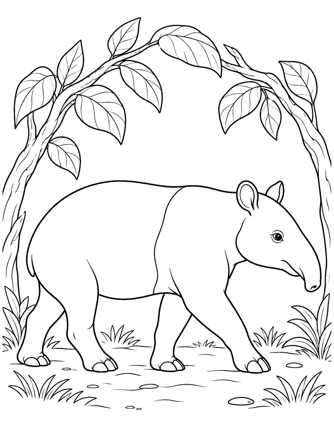 A fully visible tapir walking in profile beneath a leafy branch arch, with small plants around its feet.