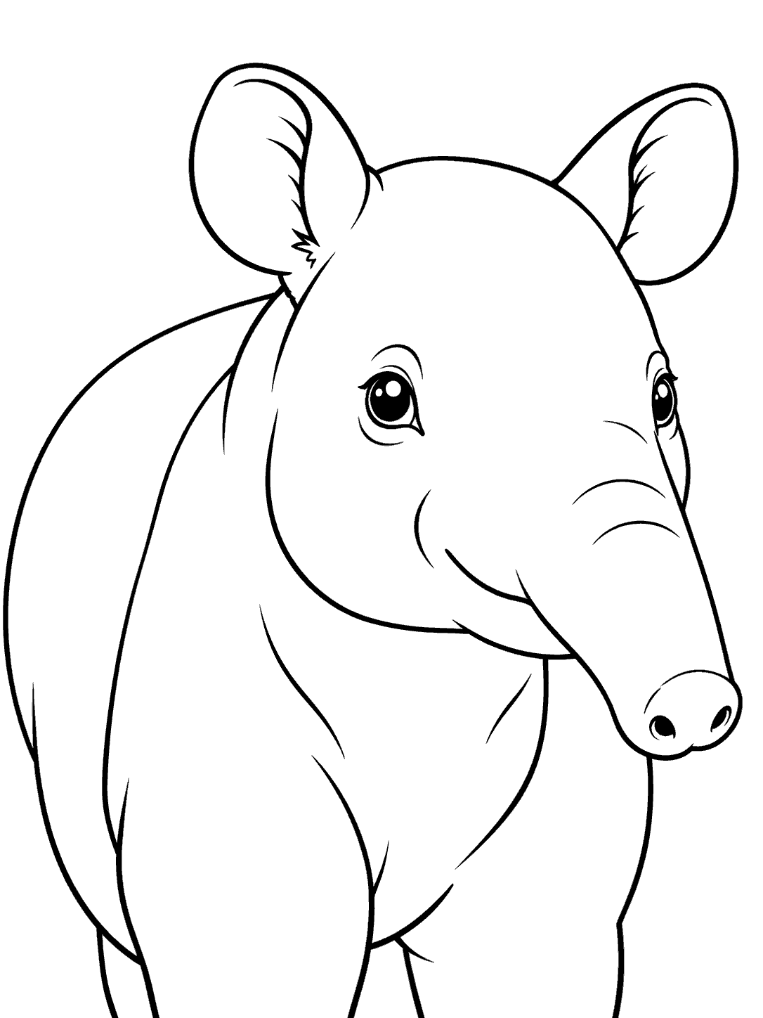 Black-and-white coloring page of a friendly Malayan tapir with rounded ears and a long flexible trunk.