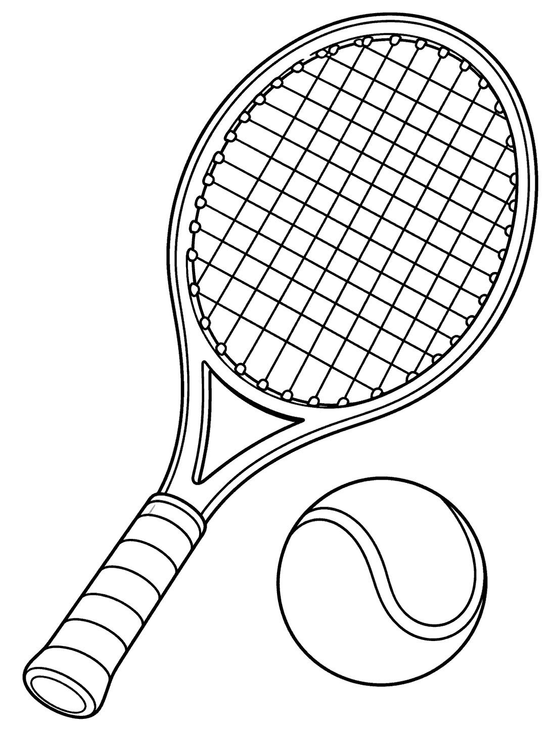 Portrait black-outline coloring page of a diagonal tennis racket and one tennis ball on white.