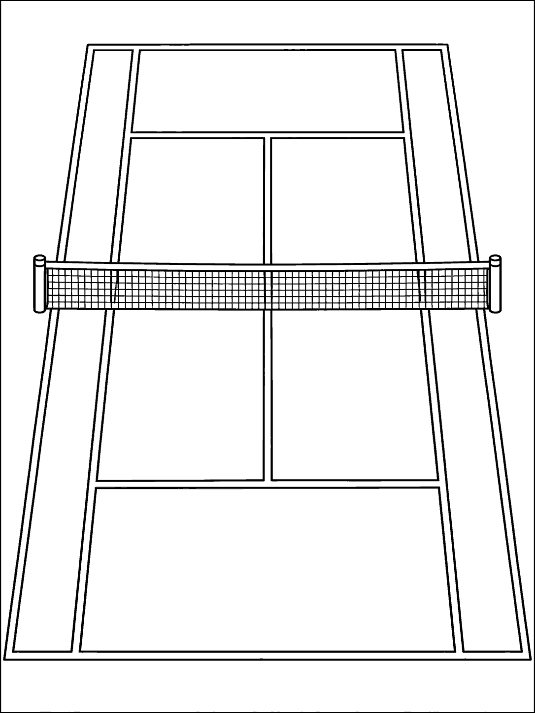 Portrait tennis court coloring page with boundary lines, service boxes, and a net in a top-down view.