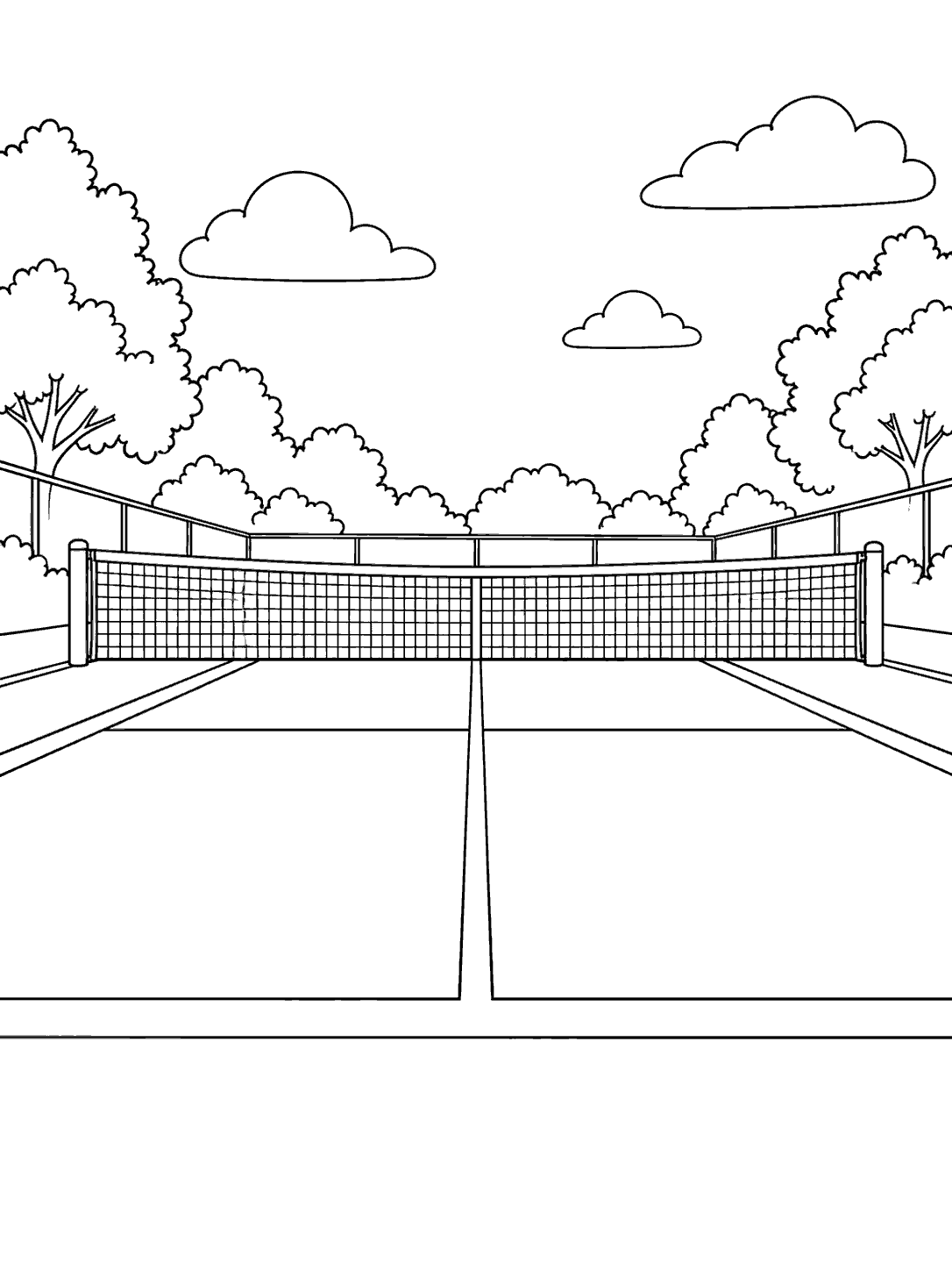 Black ink tennis court coloring page viewed from a low angle, with a centered mesh net, court lines, trees, and clouds.