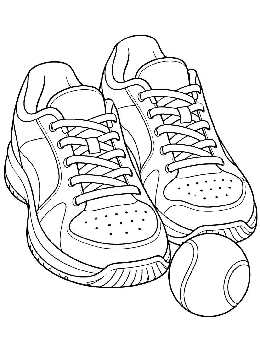 Two tennis shoes with simple laces and a tennis ball, drawn as a black-and-white coloring page.