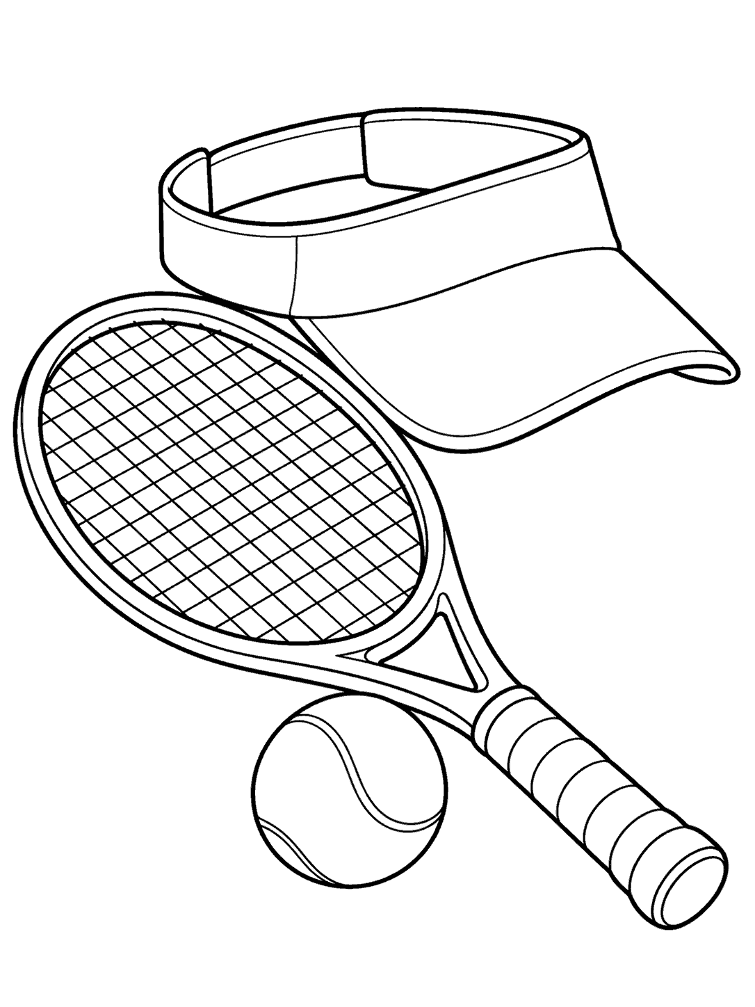Black outline coloring page with a sports visor, tennis racket, and ball on white.