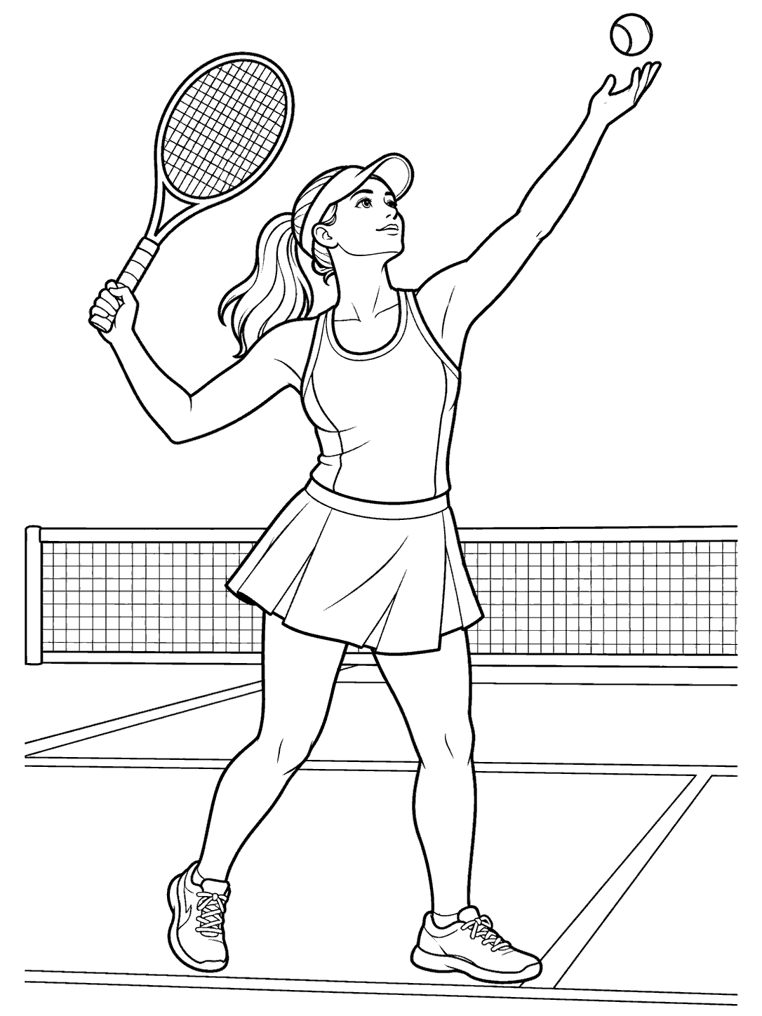 Adult tennis player in a visor and skirt preparing to serve on a court.