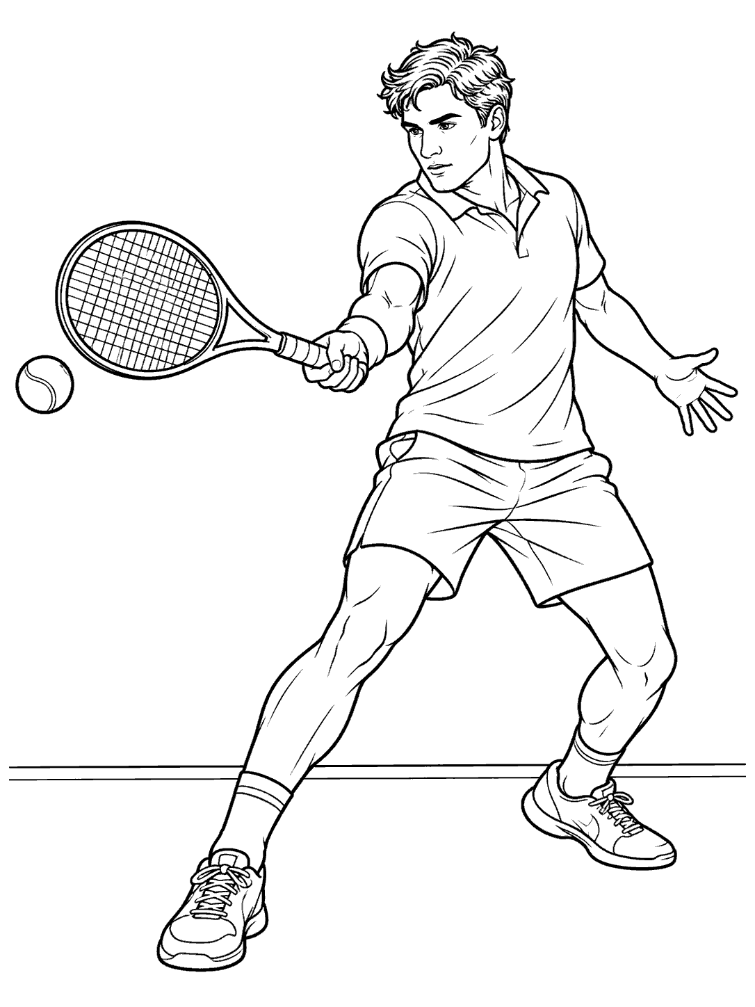 Adult tennis player in a collared shirt and shorts swinging a racket toward a tennis ball, with a simple court baseline.