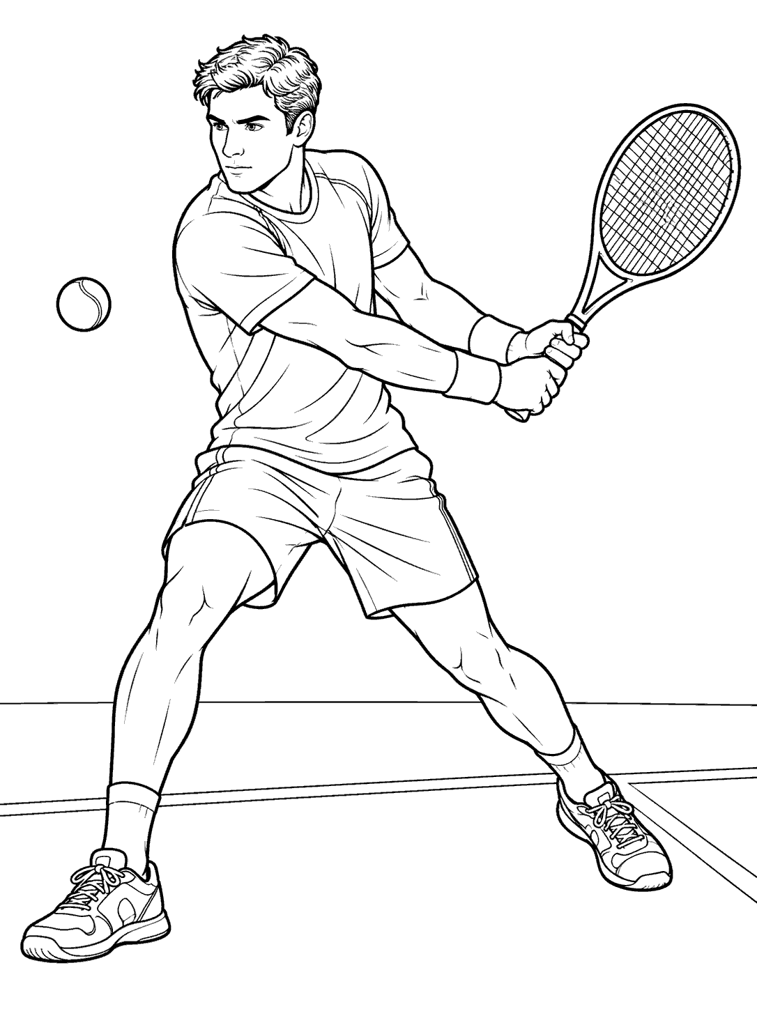 Adult tennis player swinging a racket through a two-handed backhand as one ball flies nearby.
