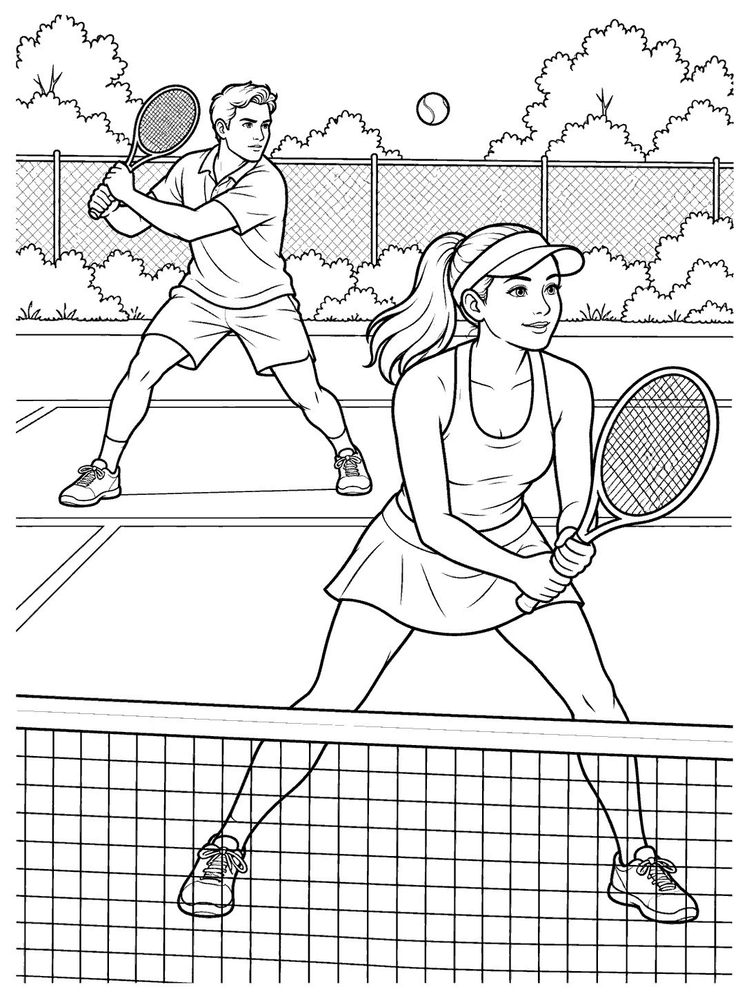 Two adult tennis players in distinct ready poses on a court, with one behind the other and a net in the foreground.