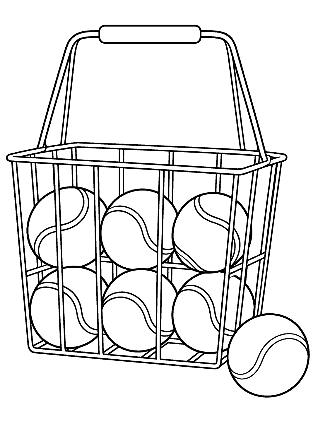 Open wire practice basket holding six tennis balls, with a seventh ball beside it.