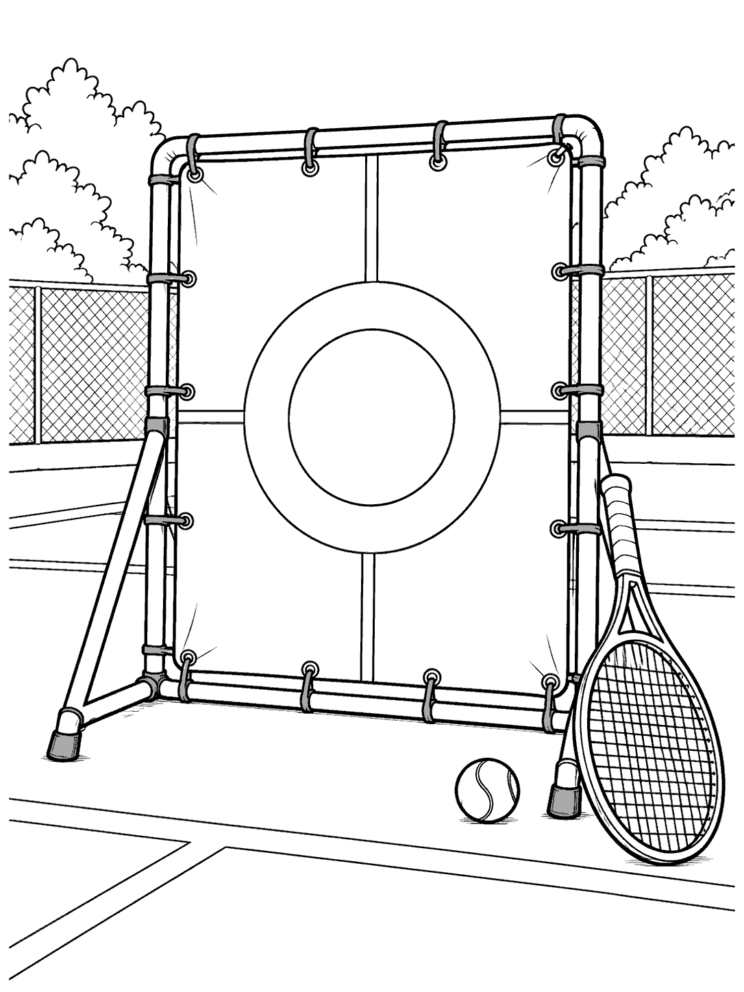 Tennis practice target with a racket and ball on a court