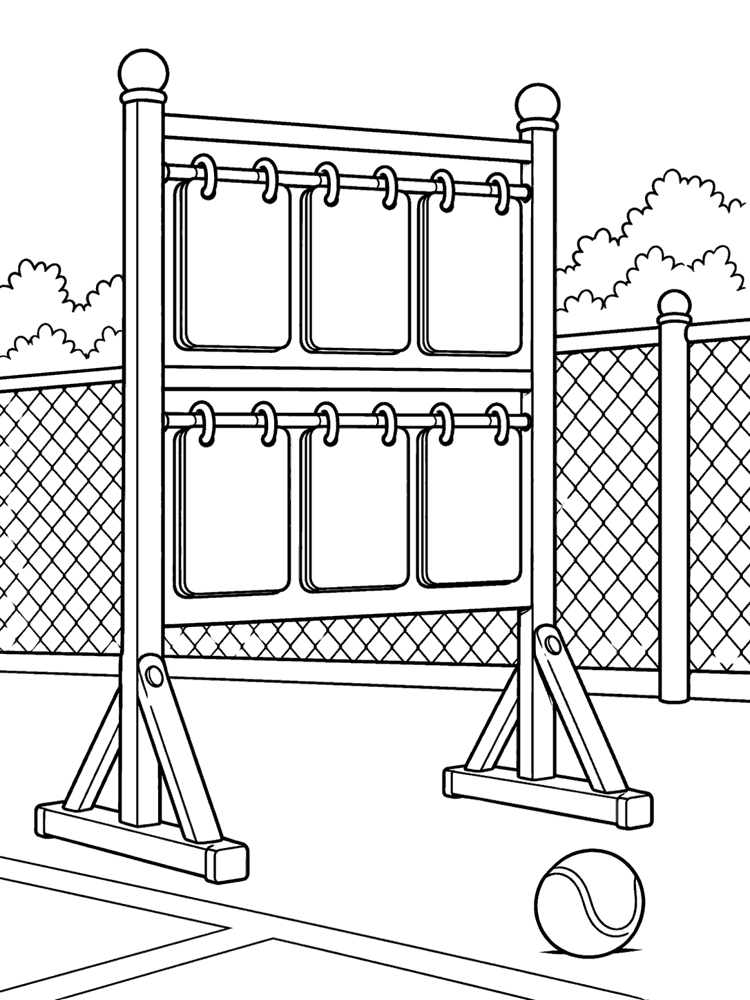Black ink coloring page of a freestanding tennis scoreboard with blank panels, a court fence, and a tennis ball.