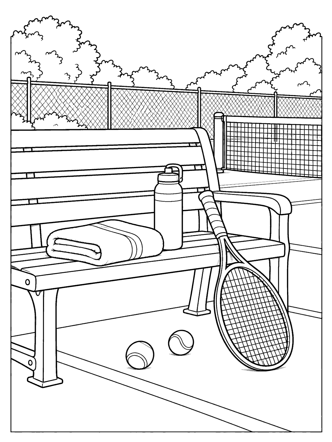 Black-and-white tennis coloring page showing a court-side bench with a folded towel, water bottle, racket, two tennis balls, court net, and trees.
