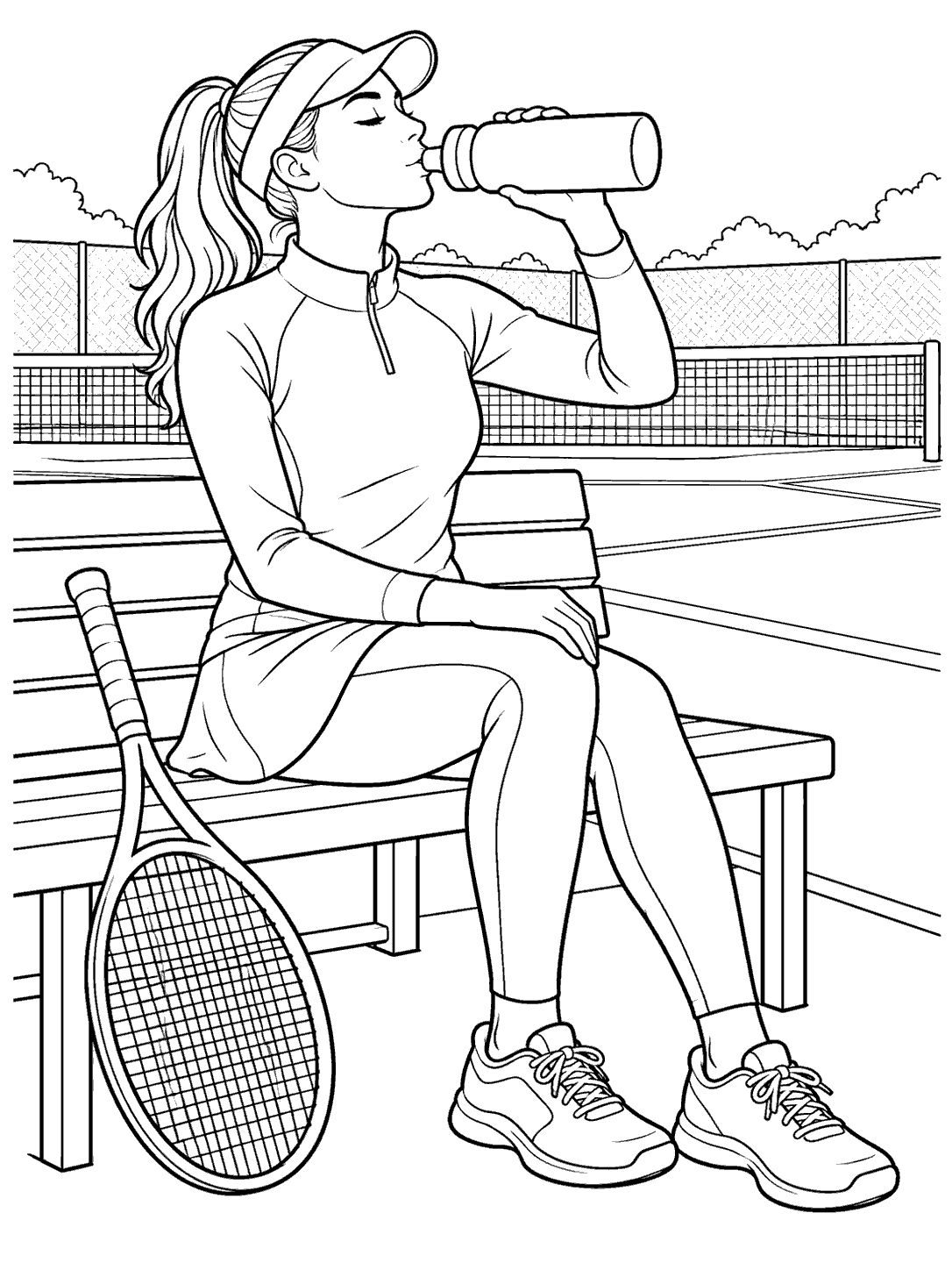 Adult tennis player seated on a bench, drinking from a bottle, with a racket nearby on the court.