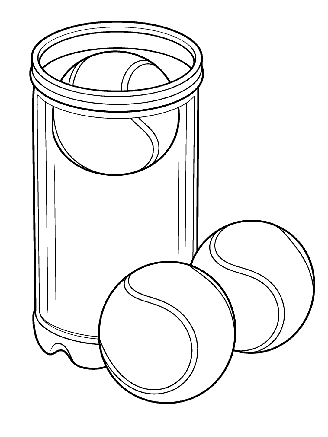 An open tennis ball can with one ball inside and two beside it, drawn in black outlines.