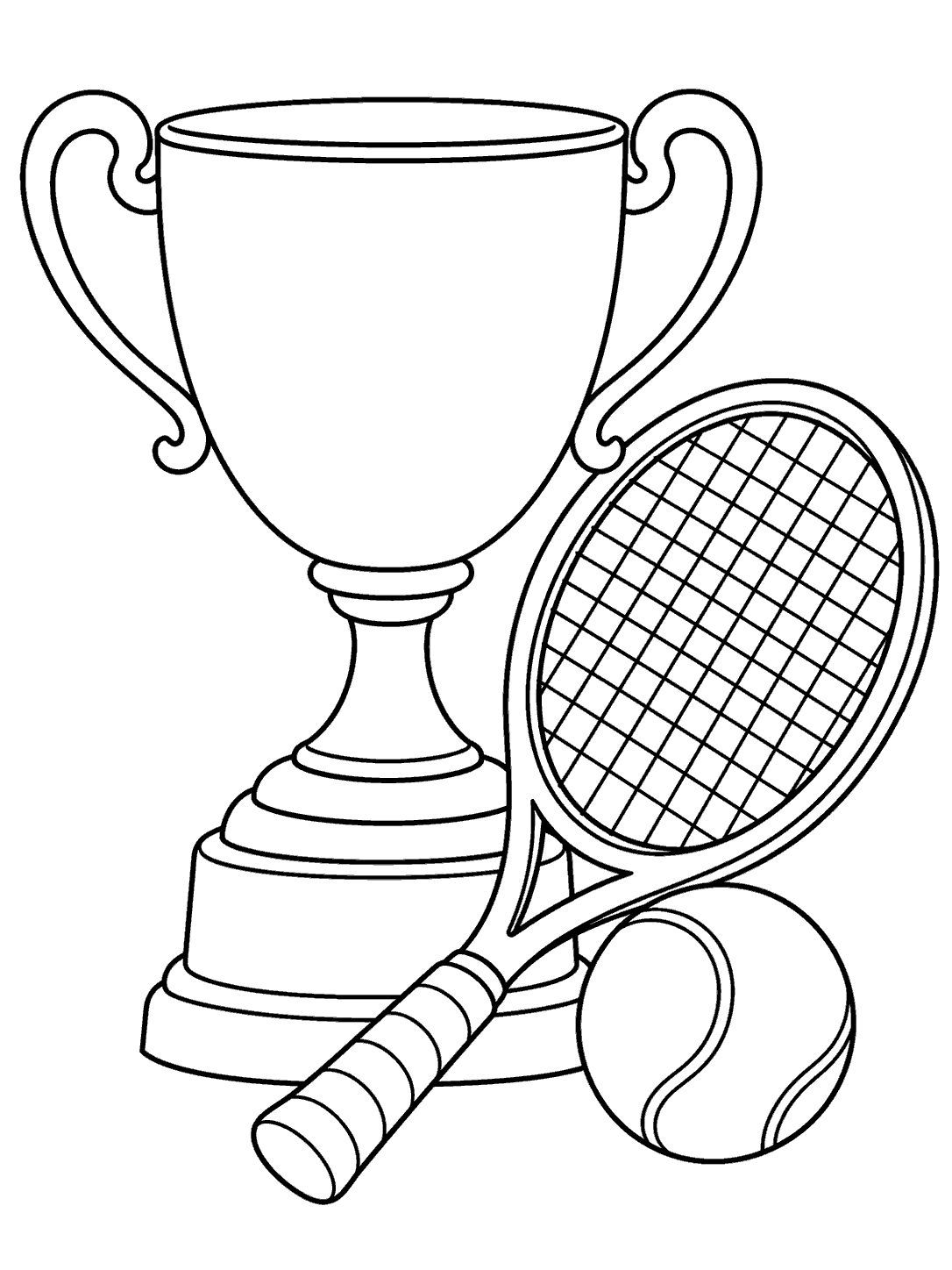 Black ink coloring page showing a broad handled trophy, tennis racket, and ball.