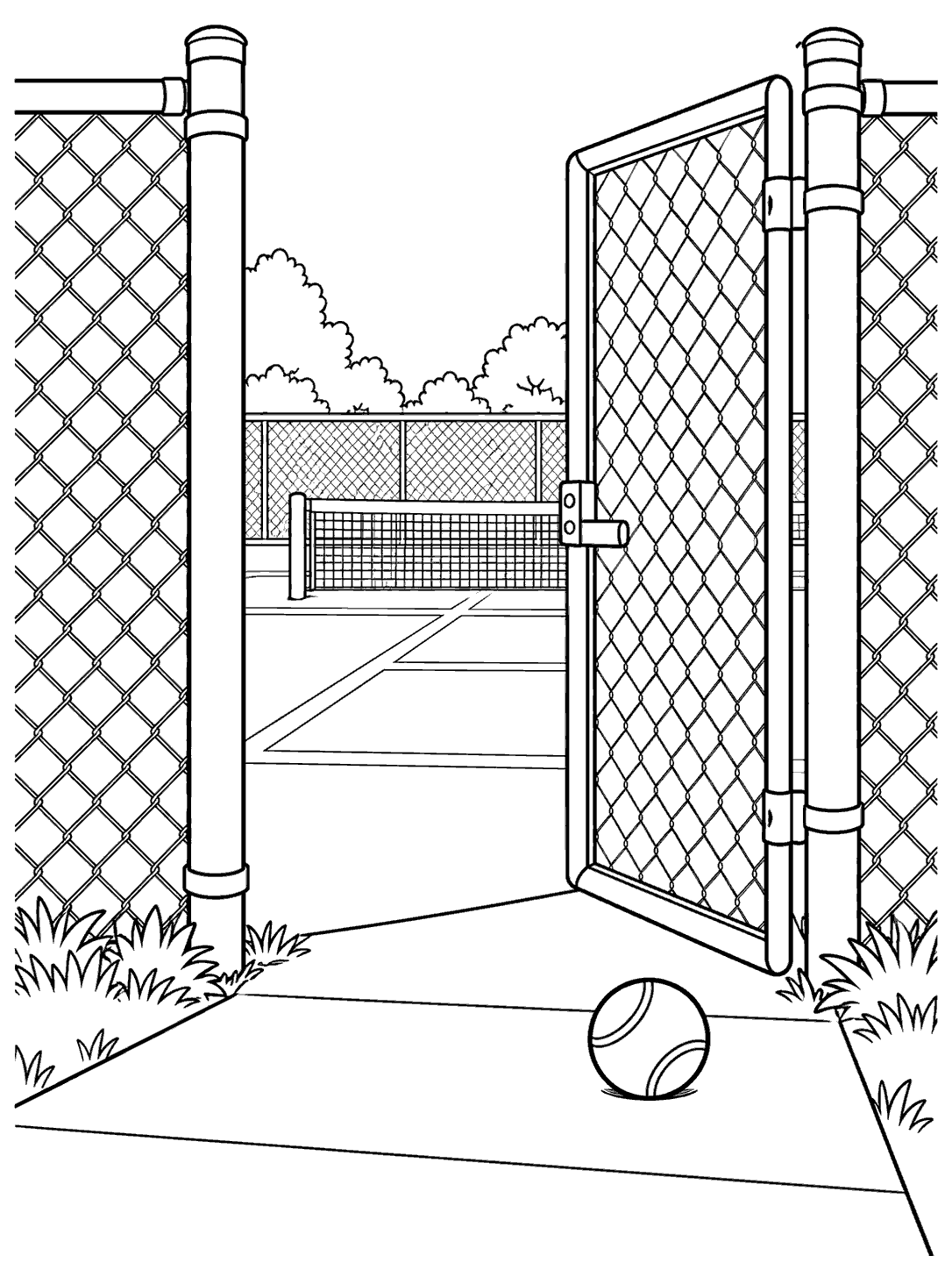 Black-and-white tennis court coloring page showing an open chain-link gate, court lines, net, and tennis ball near the entrance.