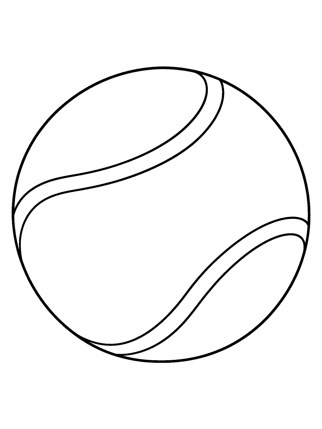 Large outlined tennis ball with two curved seam bands on a white portrait page