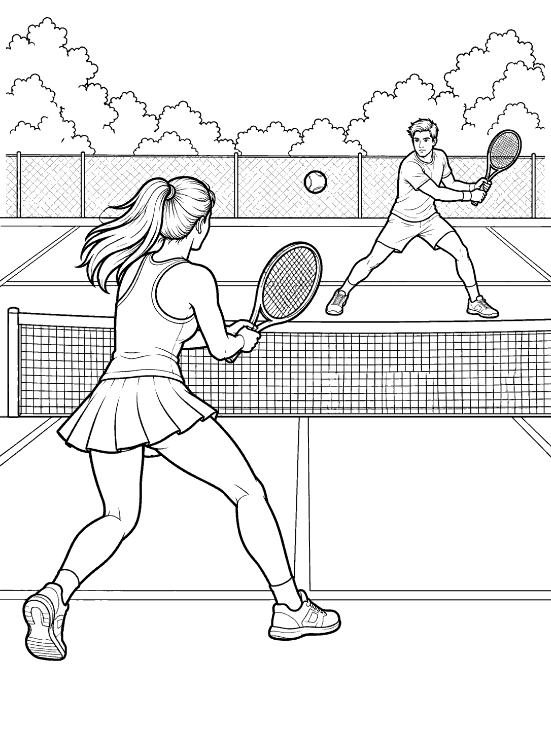 Two adult tennis players rally across a net, with one ball above the court.