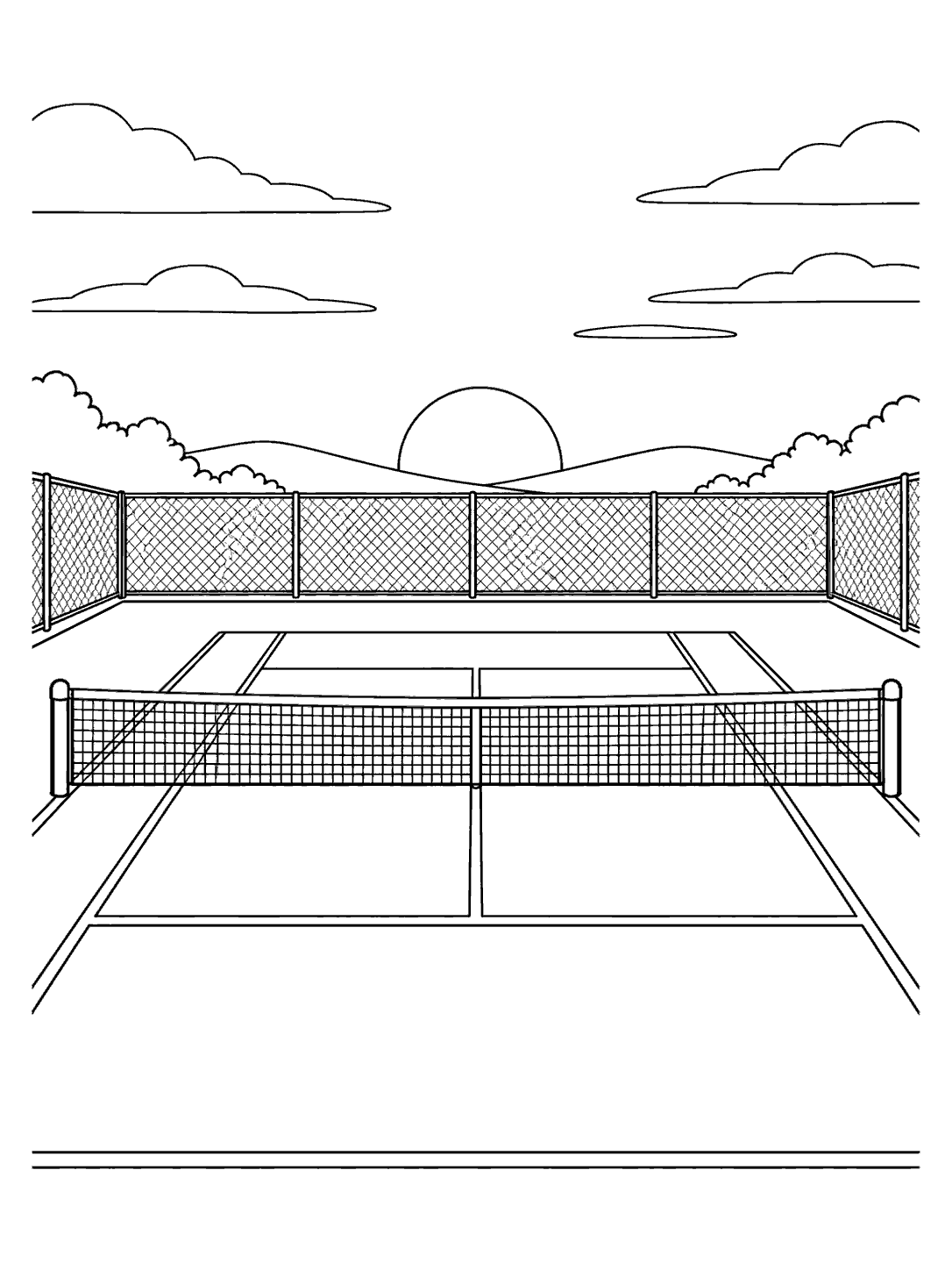 Empty tennis court with foreground net, perimeter fence, and setting sun coloring page