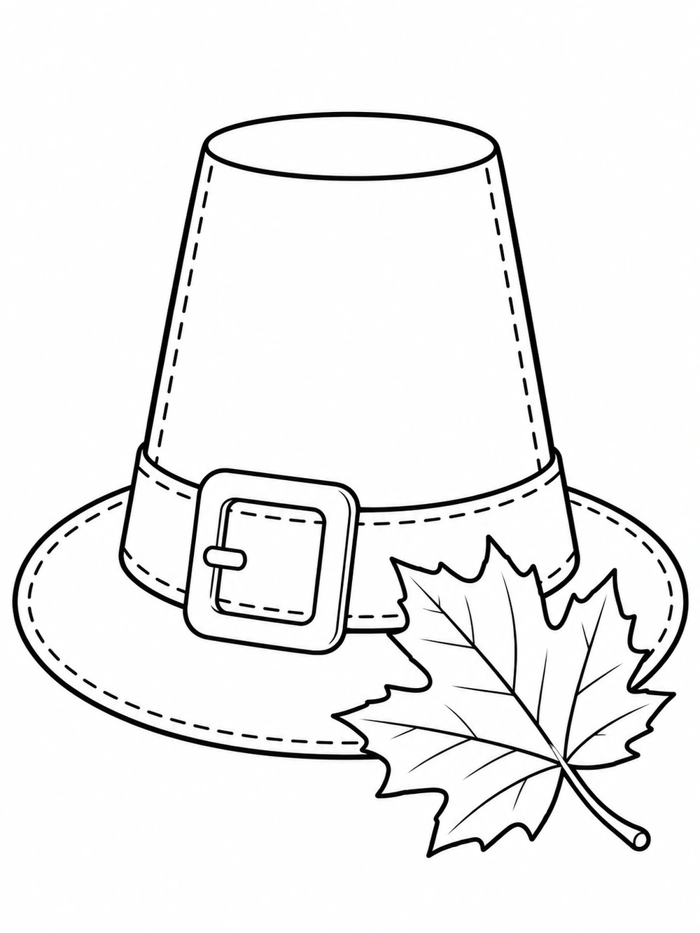 Black-and-white pilgrim hat with stitched brim and buckle beside a maple leaf coloring page