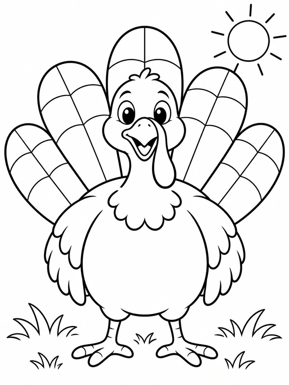Friendly turkey with fanned feathers coloring page