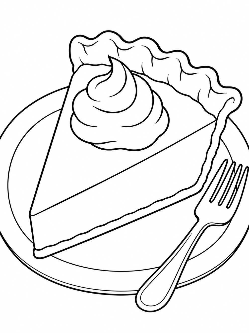 Pumpkin pie slice with whipped cream on a plate beside a fork, in a black-outline coloring page.