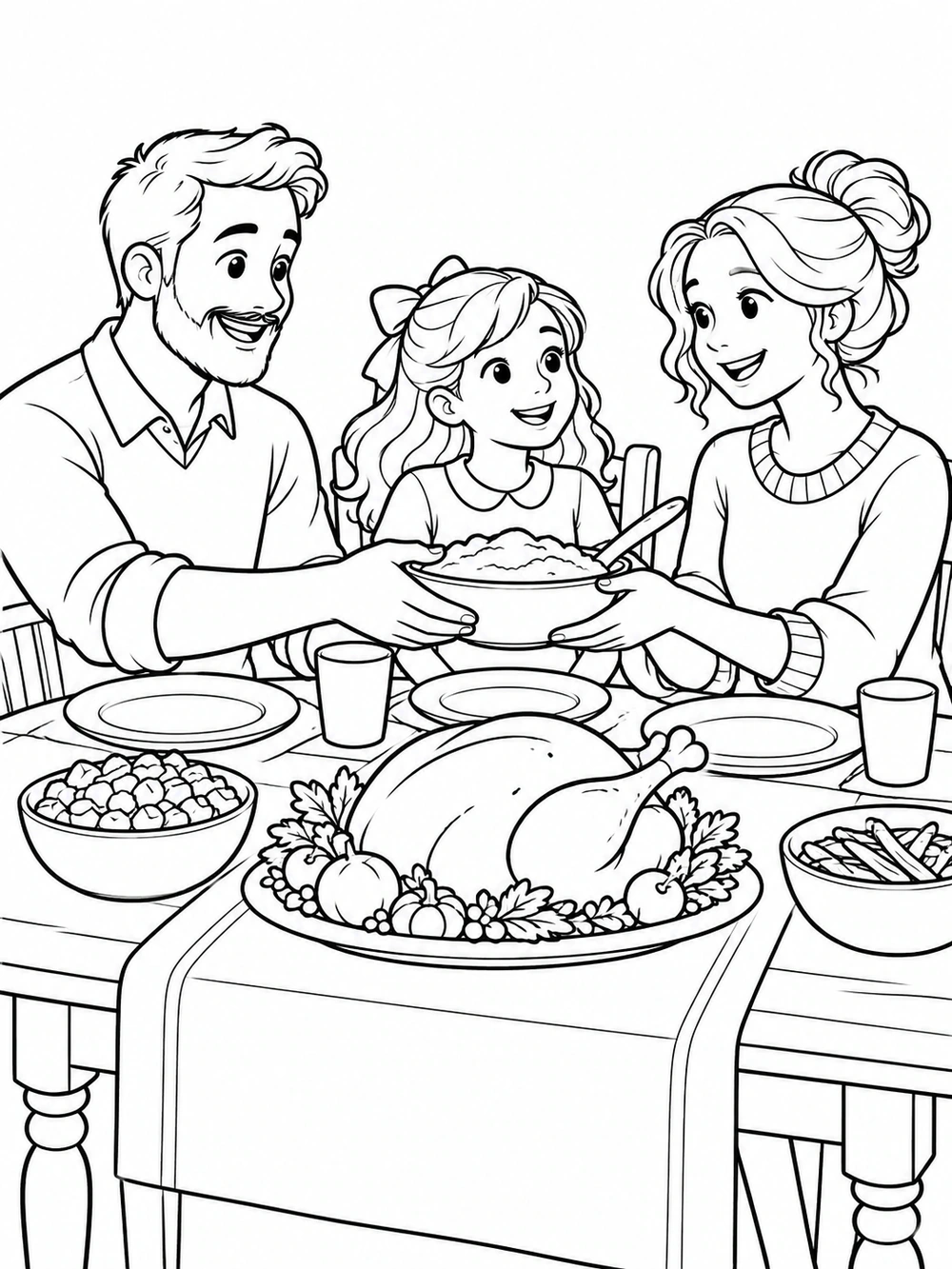 Three family members passing a serving bowl at a Thanksgiving table coloring page.
